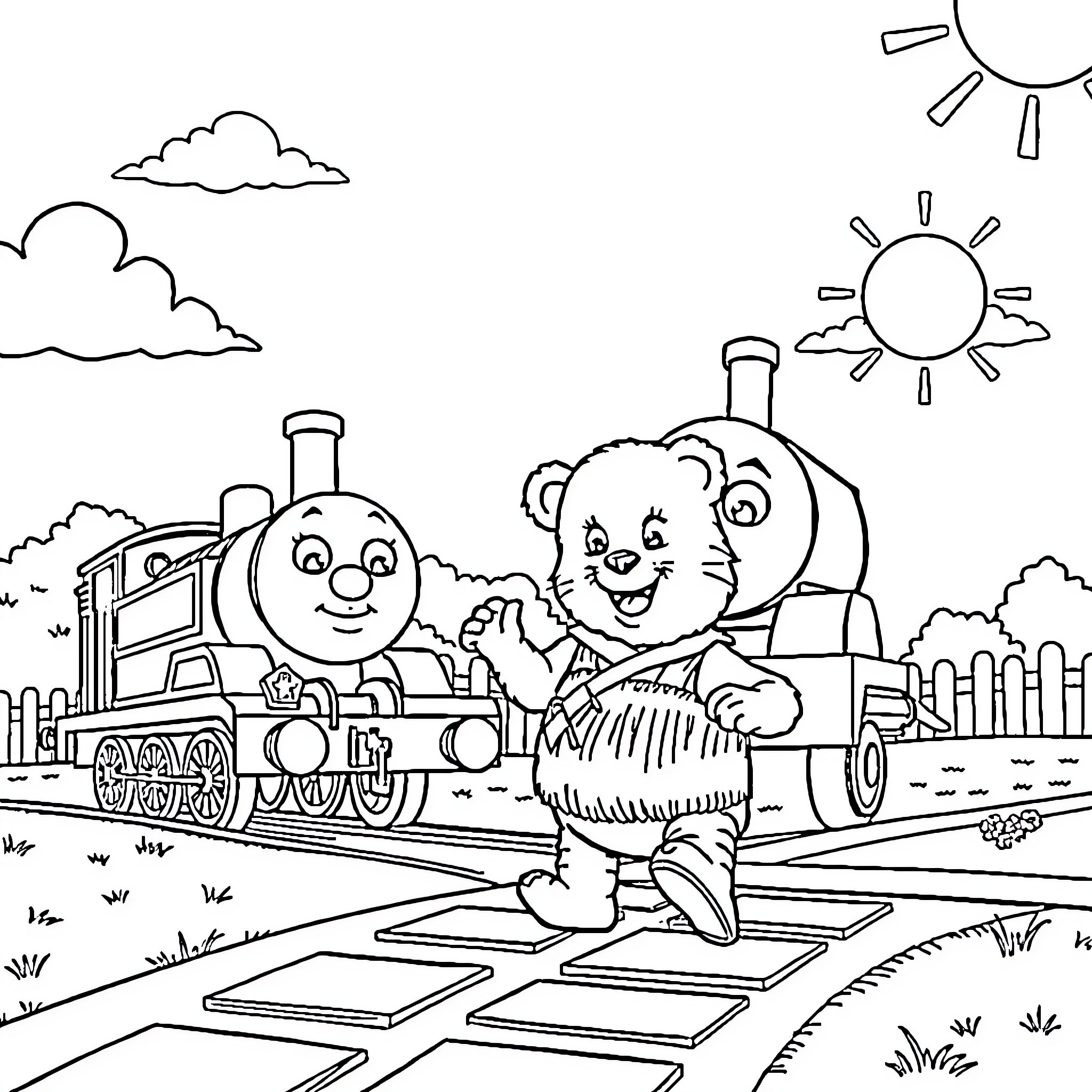 Daniel Tiger playing by the train tracks Coloring Page (free black-and-white line drawing printable PDF for all, from beginners to advanced learners, including children, teens, adults, and seniors)