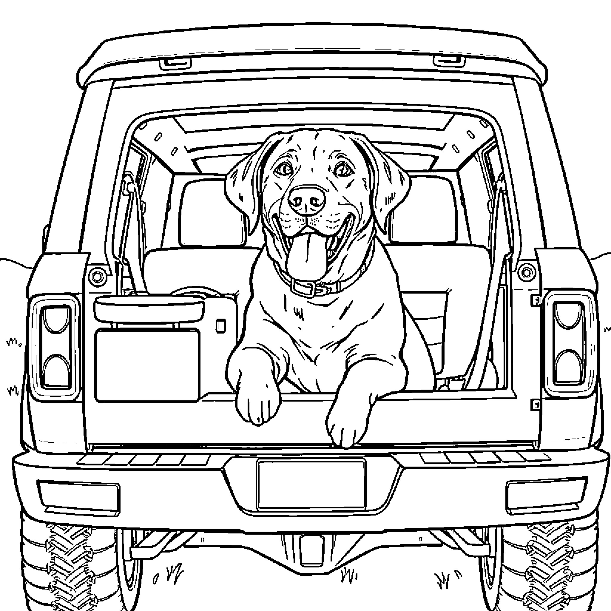Labrador happily riding in the back of a truck Coloring Page (free black-and-white line drawing printable PDF for all, from beginners to advanced learners, including children, teens, adults, and seniors)