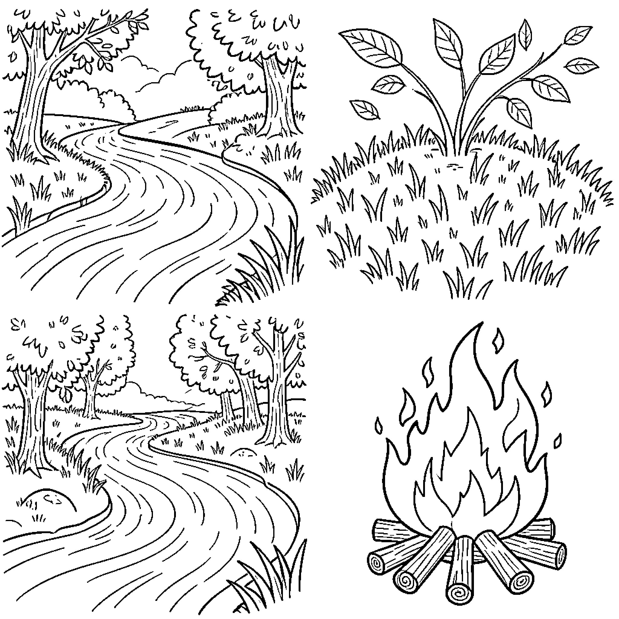 Element of Winding Pathways and Natural Scenery Coloring Page (free black-and-white line drawing printable PDF for all, from beginners to advanced learners, including children, teens, adults, and seniors)
