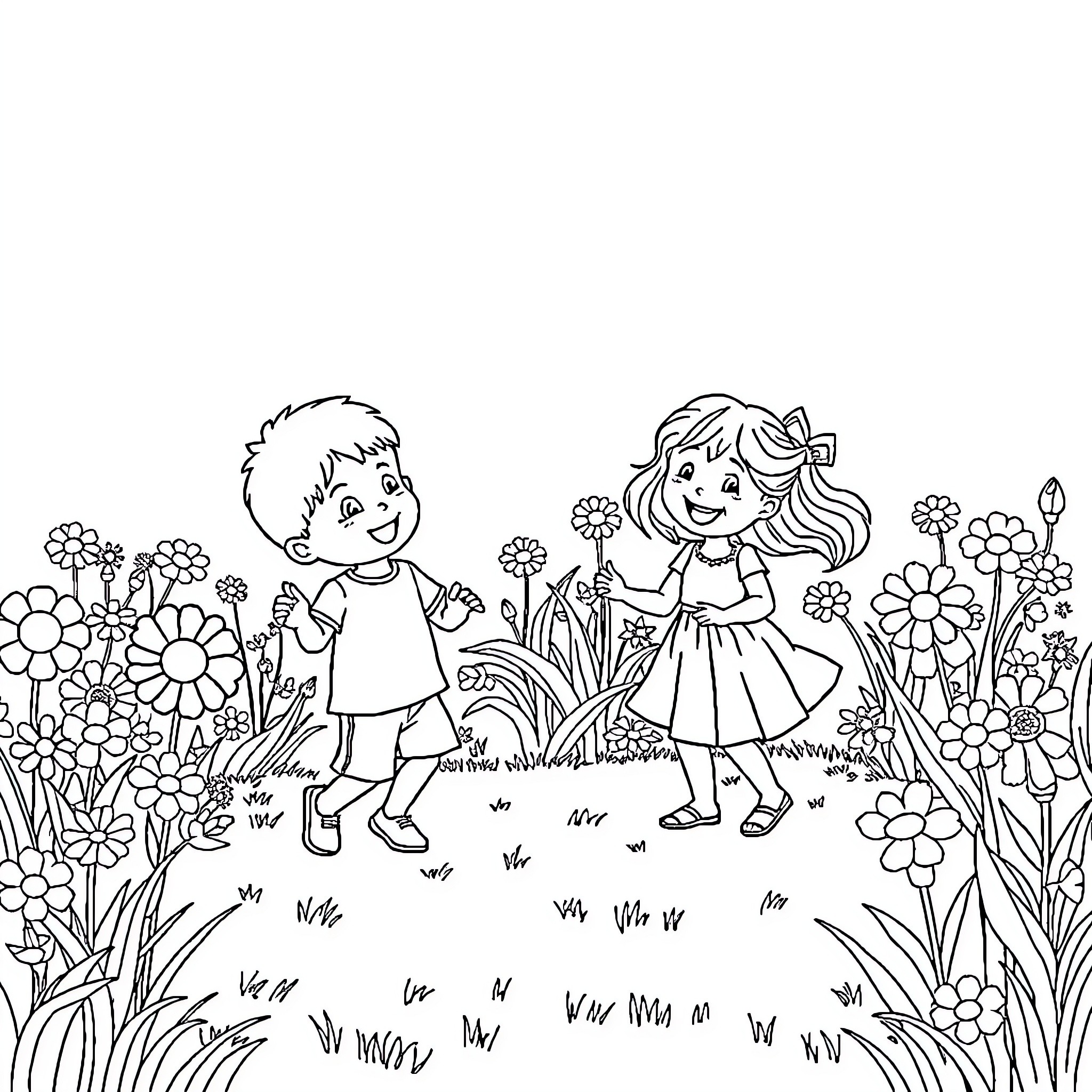 Child friends playing in a flower garden Coloring Page (free black-and-white line drawing printable PDF for all, from beginners to advanced learners, including children, teens, adults, and seniors)