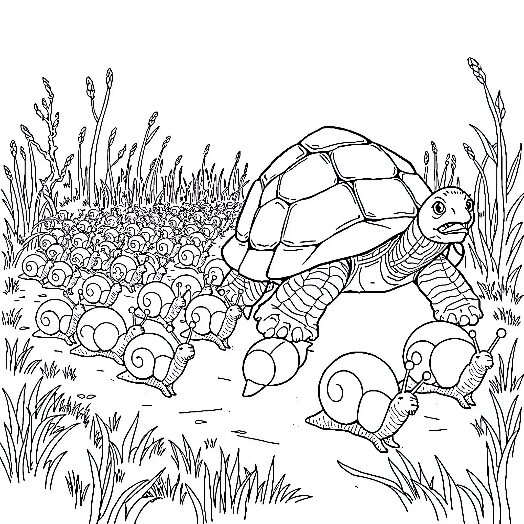 Snail exploring the turtle's scenic habitat Coloring Page (free black-and-white line drawing printable PDF for all, from beginners to advanced learners, including children, teens, adults, and seniors)