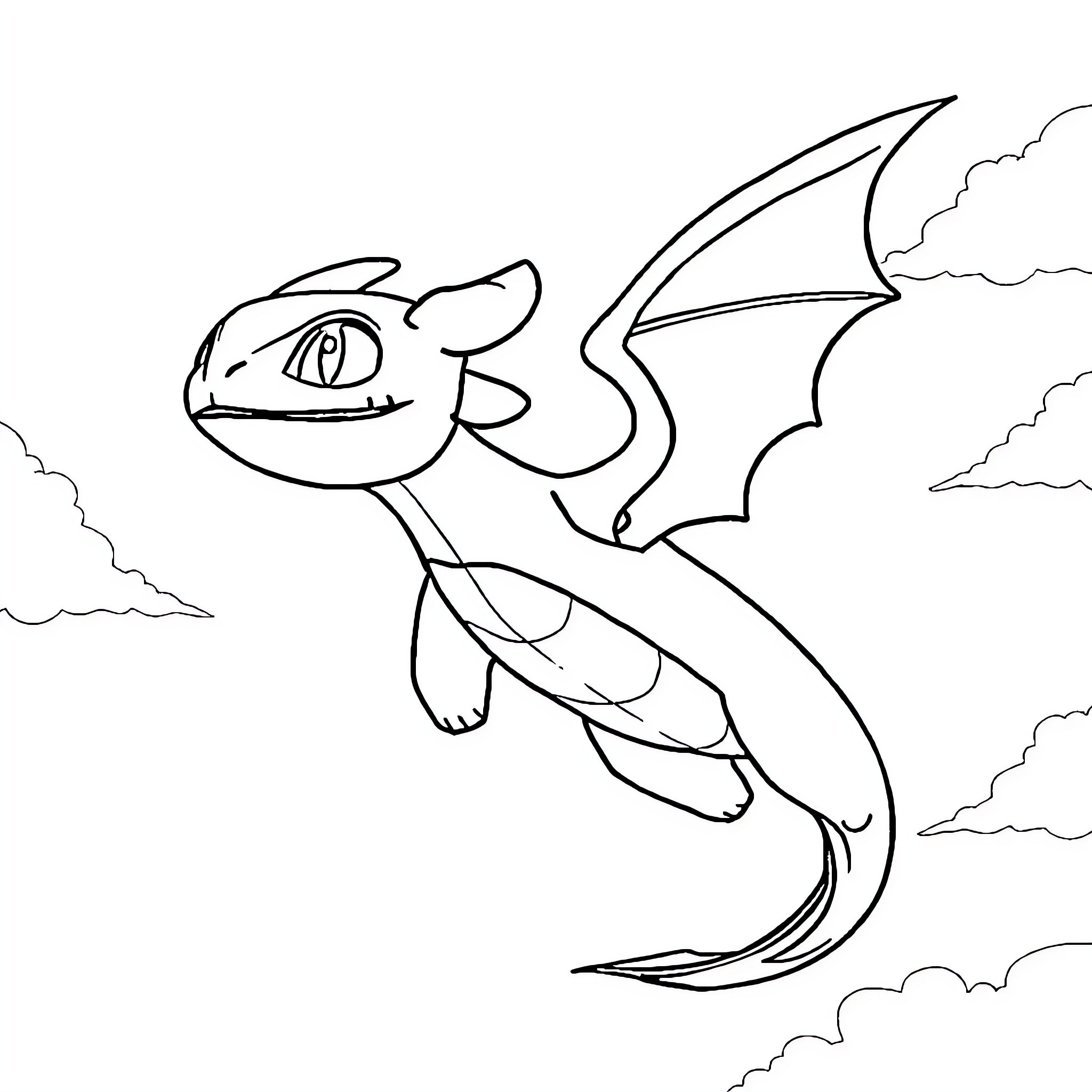Toothless soaring through the cloudy skies Coloring Page (free black-and-white line drawing printable PDF for all, from beginners to advanced learners, including children, teens, adults, and seniors)