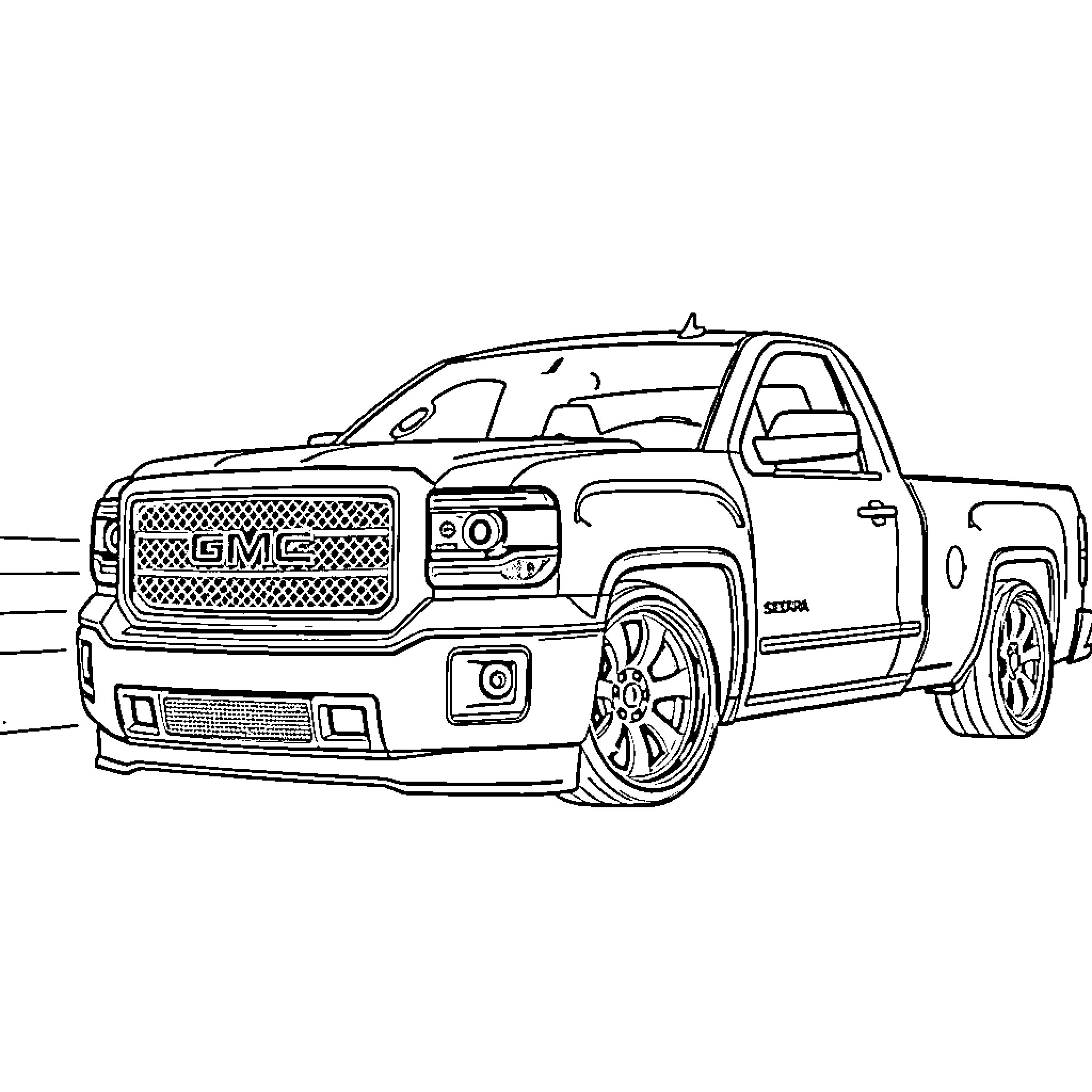 GMC Sierra truck on a road Coloring Page (free black-and-white line drawing printable PDF for all, from beginners to advanced learners, including children, teens, adults, and seniors)