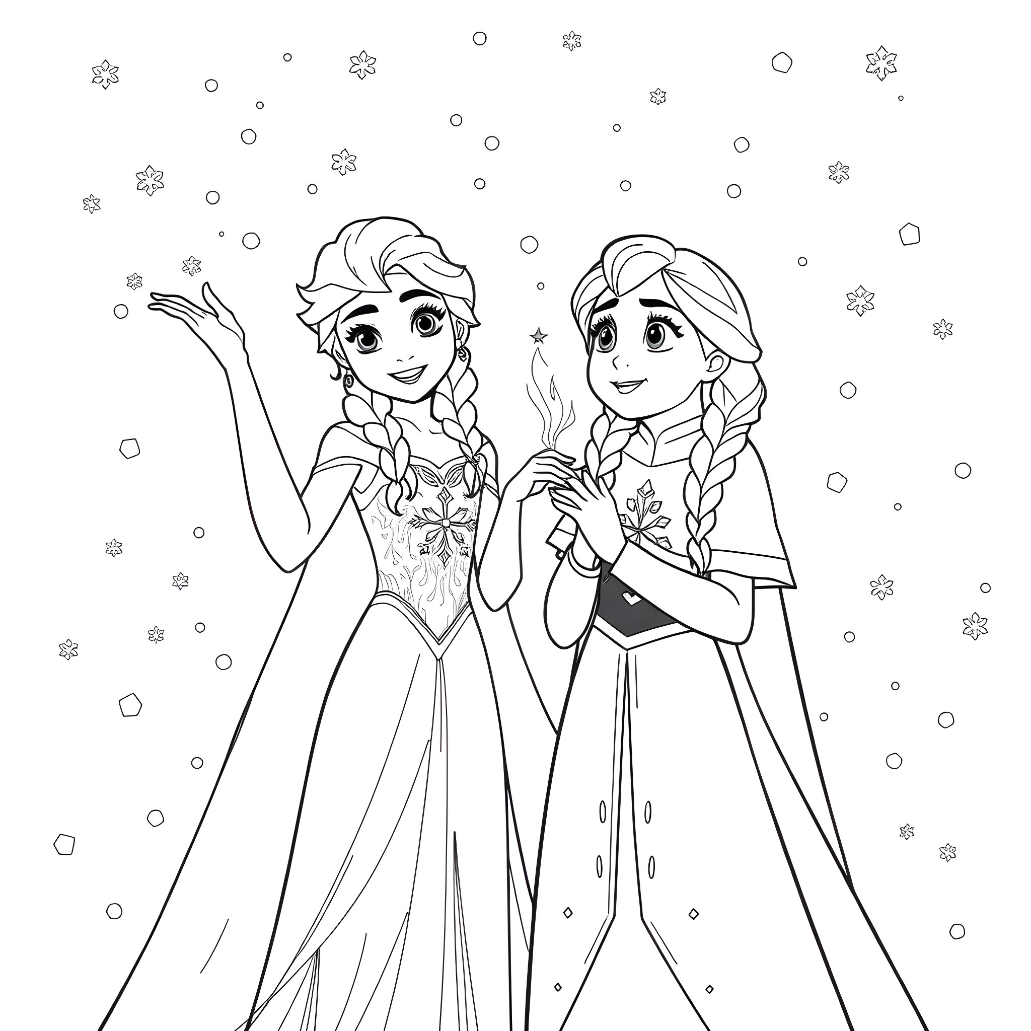 Elsa and Anna enjoying the winter wonderland Coloring Page (free black-and-white line drawing printable PDF for all, from beginners to advanced learners, including children, teens, adults, and seniors)