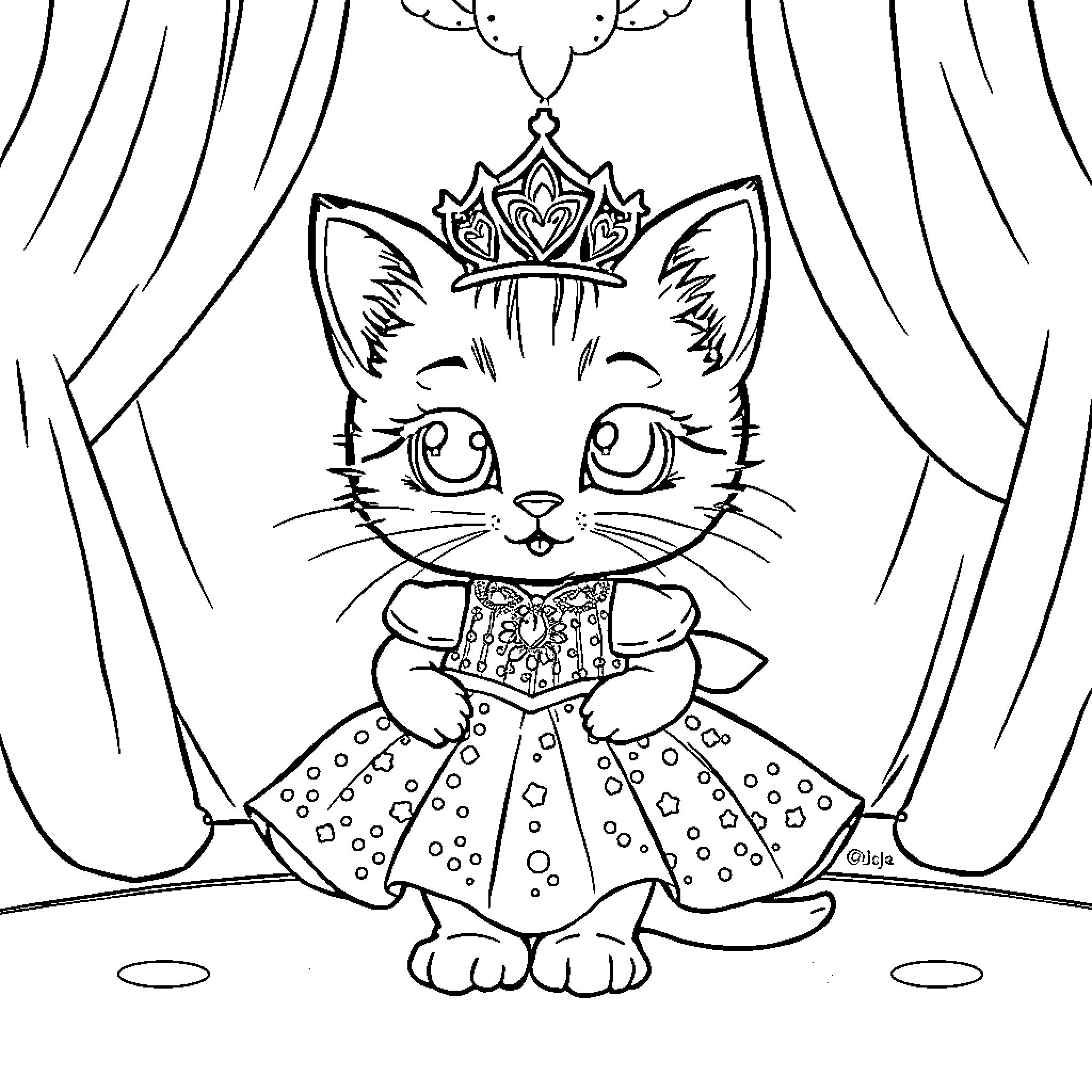 Kitty in Sparkling Crown and Gown Coloring Page (free black-and-white line drawing printable PDF for all, from beginners to advanced learners, including children, teens, adults, and seniors)