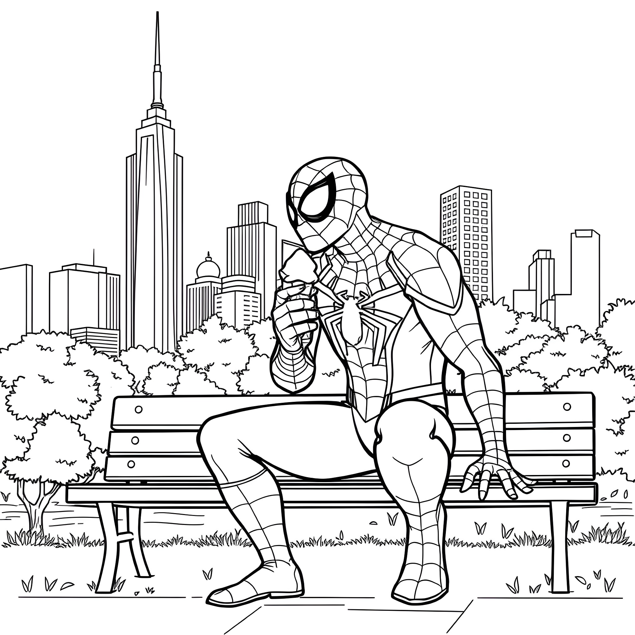 Spiderman Sitting on a Park Bench in the City Coloring Page (free black-and-white line drawing printable PDF for all, from beginners to advanced learners, including children, teens, adults, and seniors)