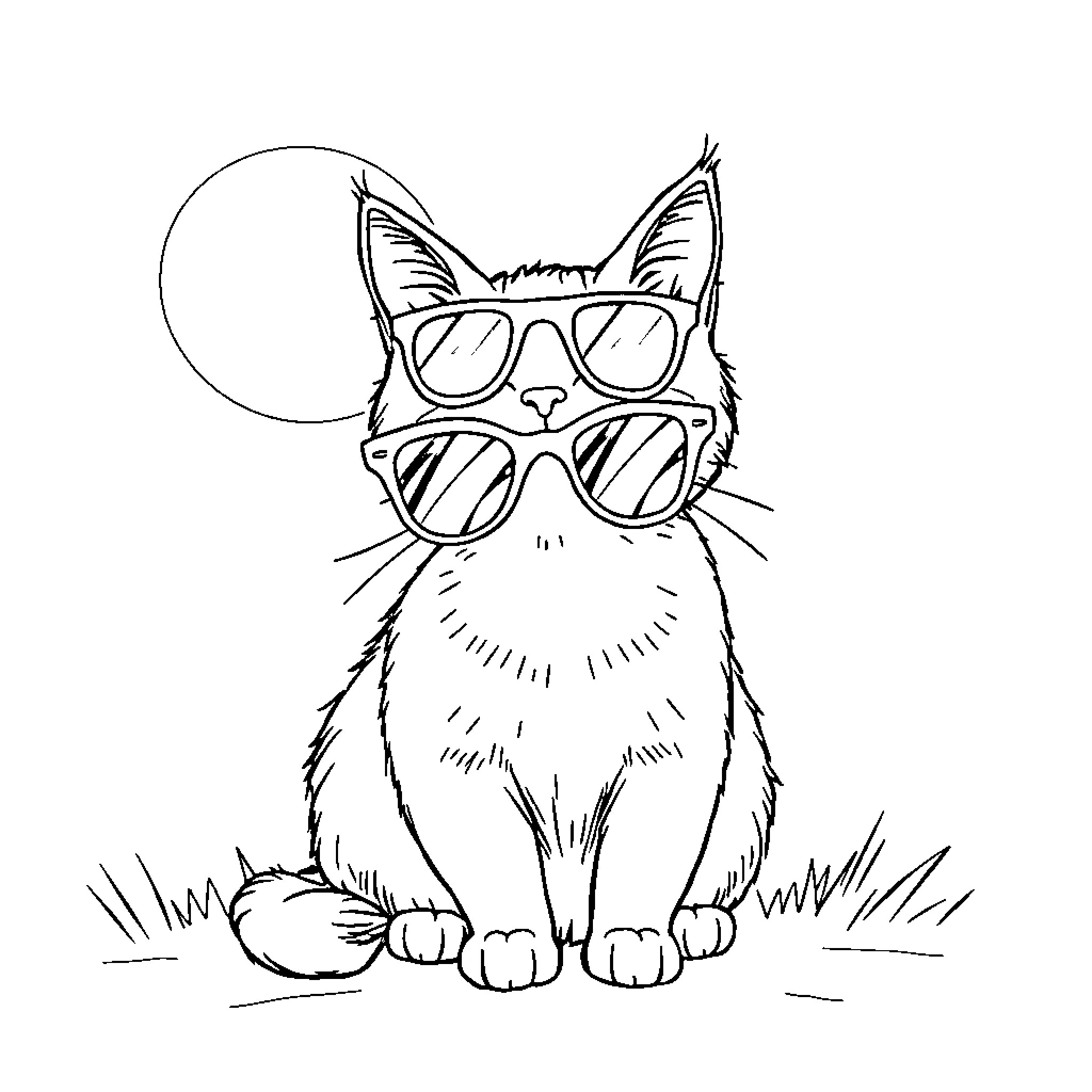 Cat Wearing Stylish Sunglasses in Grass Coloring Page (free black-and-white line drawing printable PDF for all, from beginners to advanced learners, including children, teens, adults, and seniors)