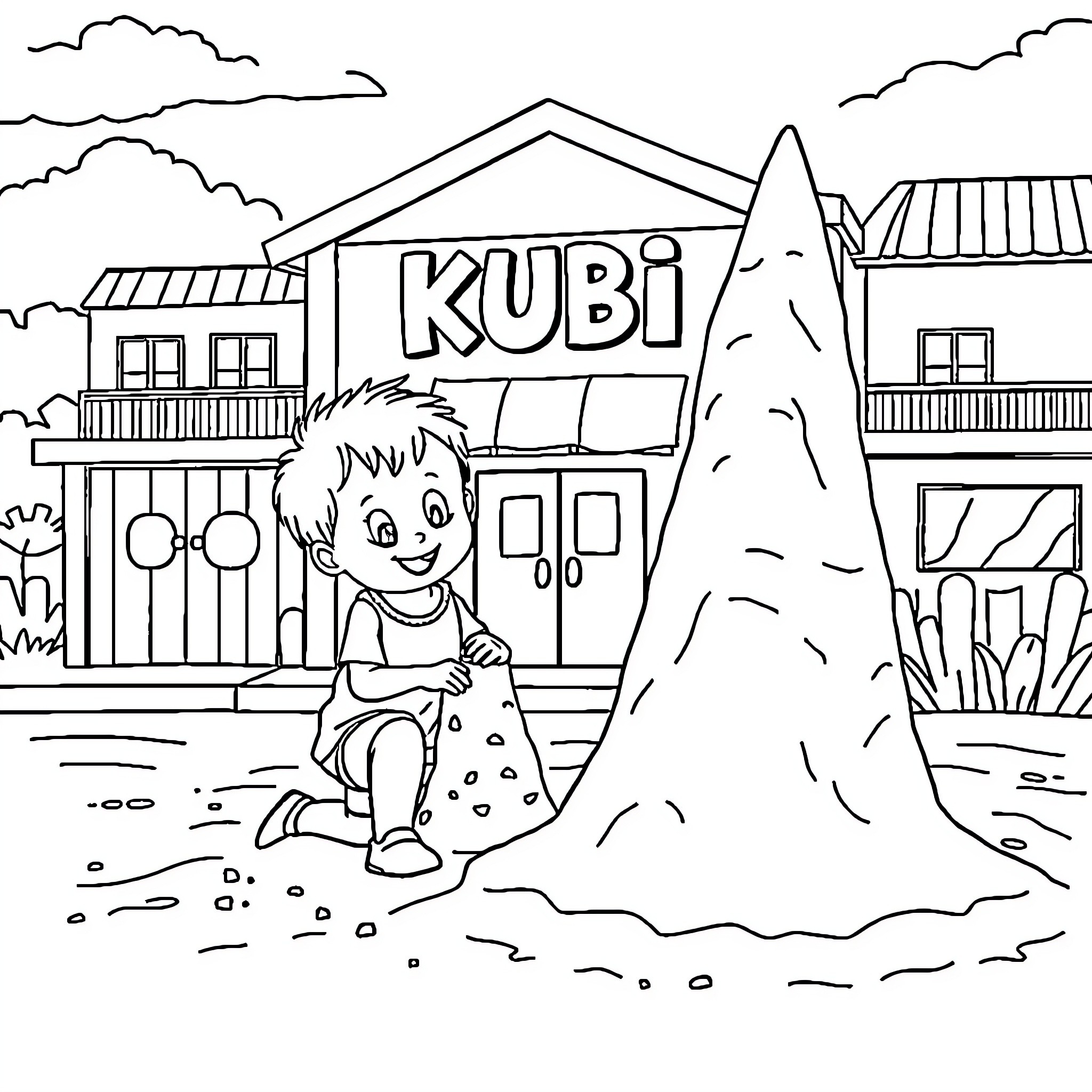 Kid playing in front of kubi building Coloring Page (free black-and-white line drawing printable PDF for all, from beginners to advanced learners, including children, teens, adults, and seniors)