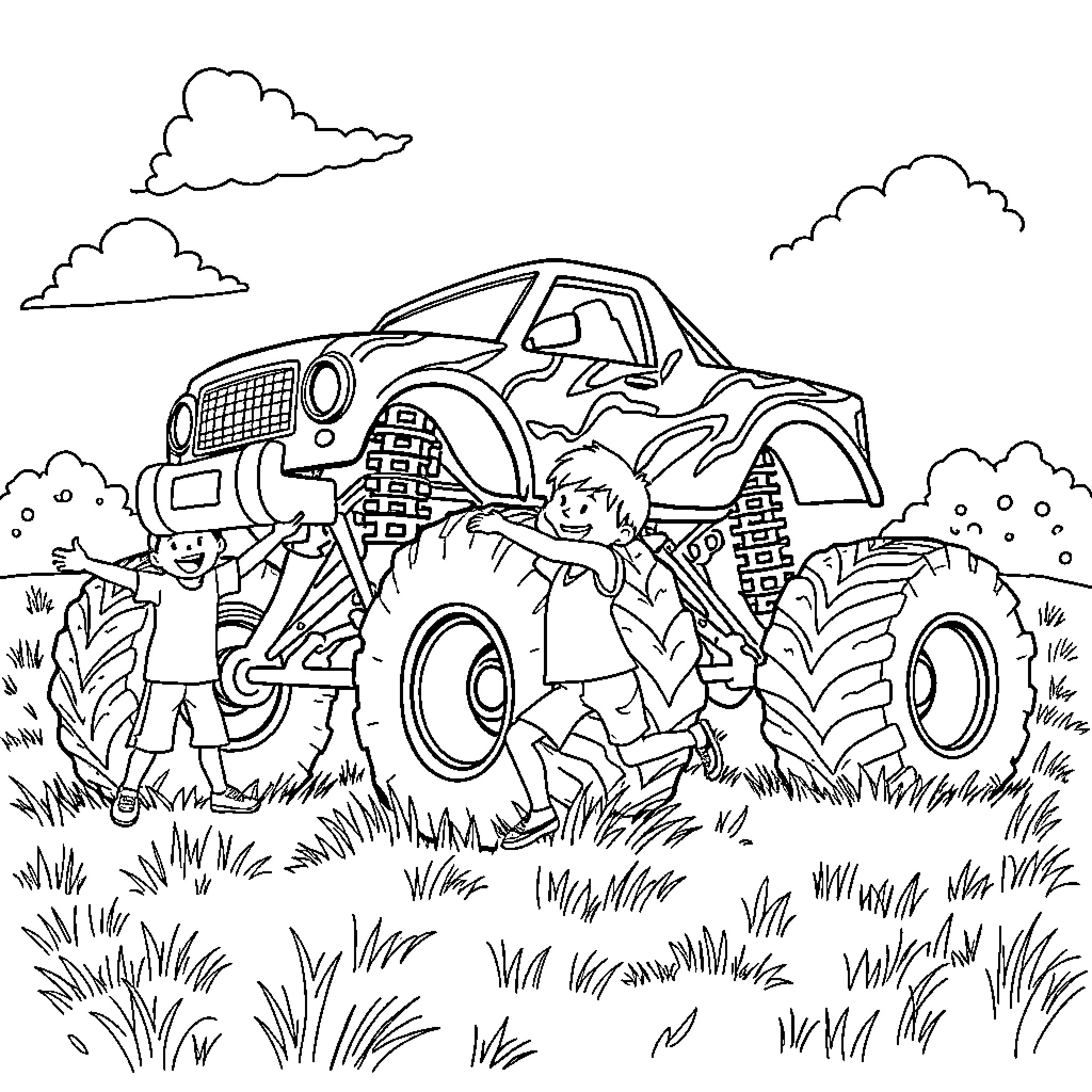 Kid exploring the rugged terrain with a monster truck Coloring Page (free black-and-white line drawing printable PDF for all, from beginners to advanced learners, including children, teens, adults, and seniors)