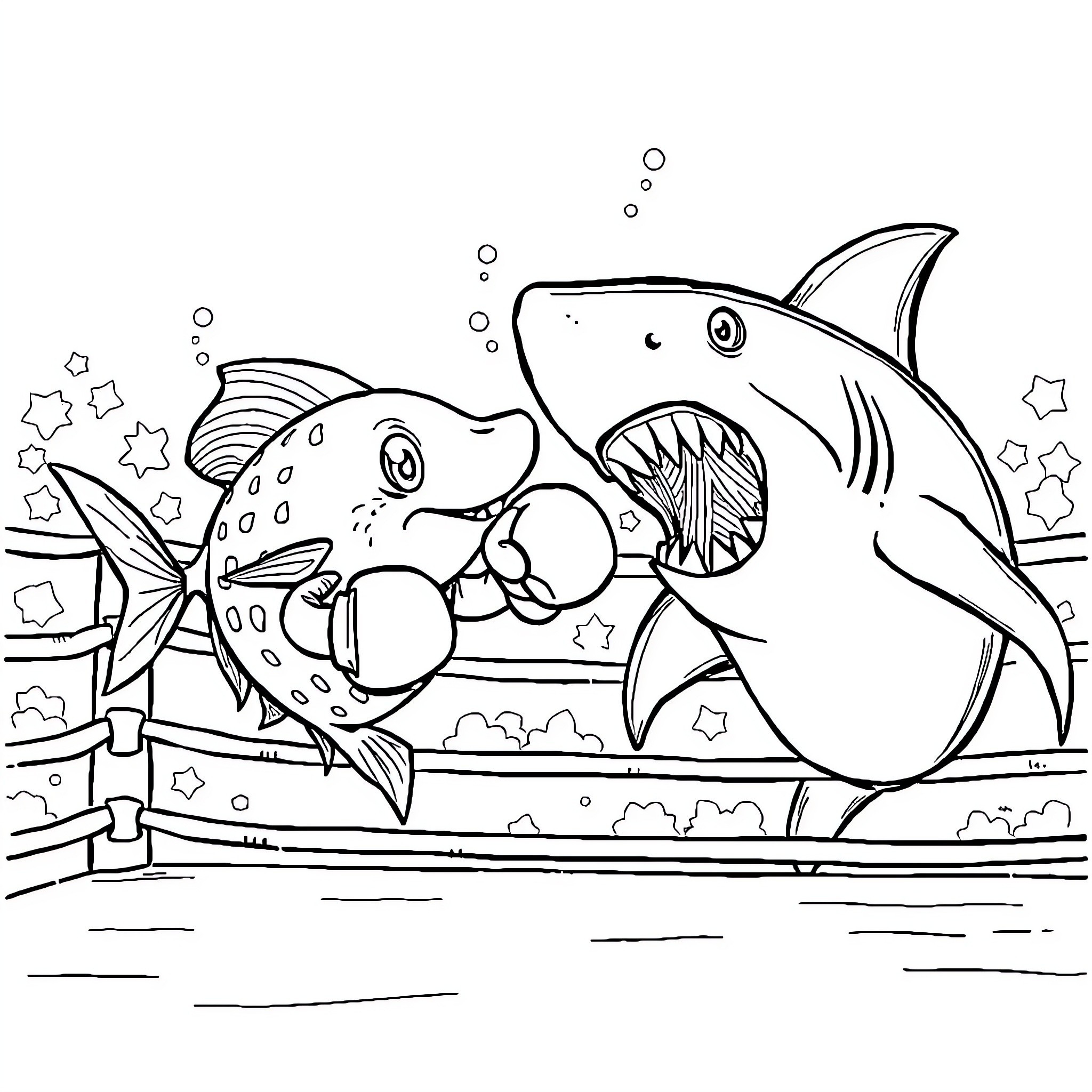 Fish Having Fun in the Underwater World Coloring Page (free black-and-white line drawing printable PDF for all, from beginners to advanced learners, including children, teens, adults, and seniors)