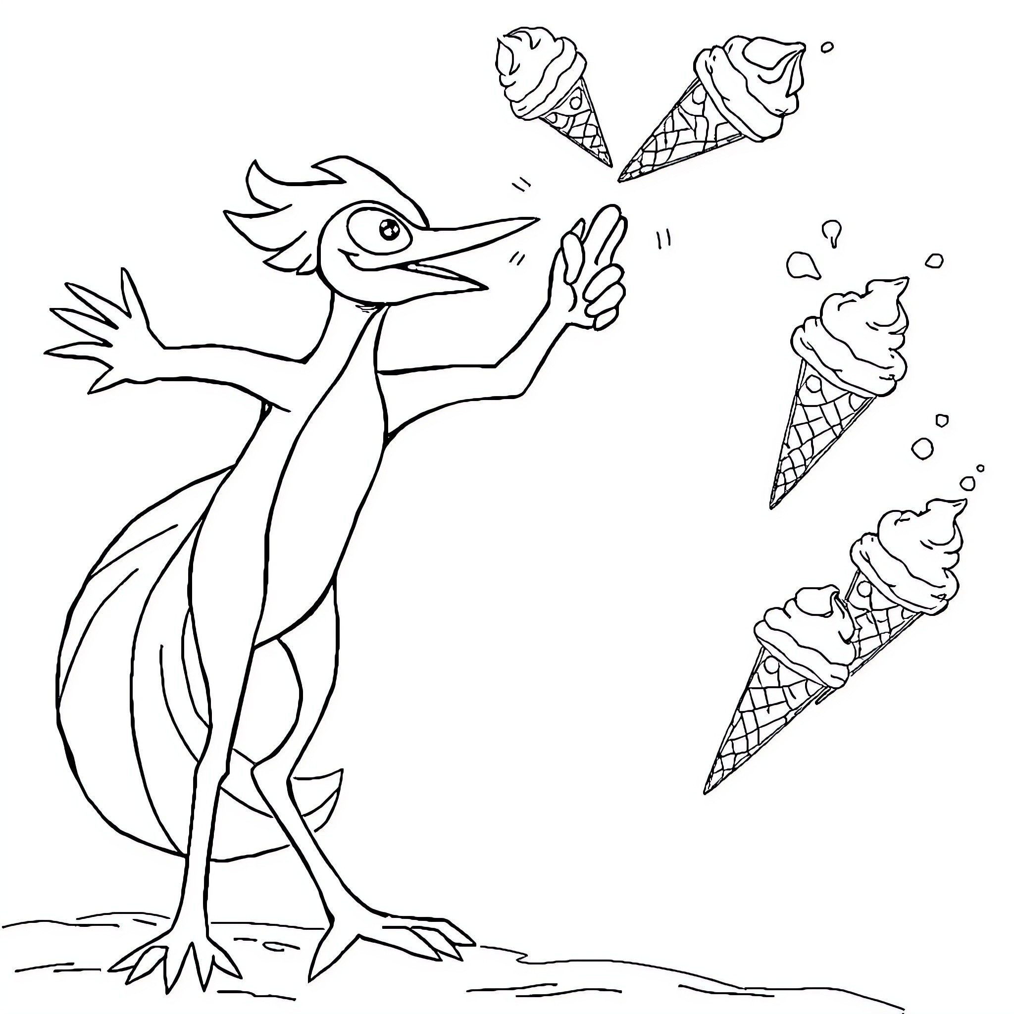Greninja playfully catching ice cream cones Coloring Page (free black-and-white line drawing printable PDF for all, from beginners to advanced learners, including children, teens, adults, and seniors)