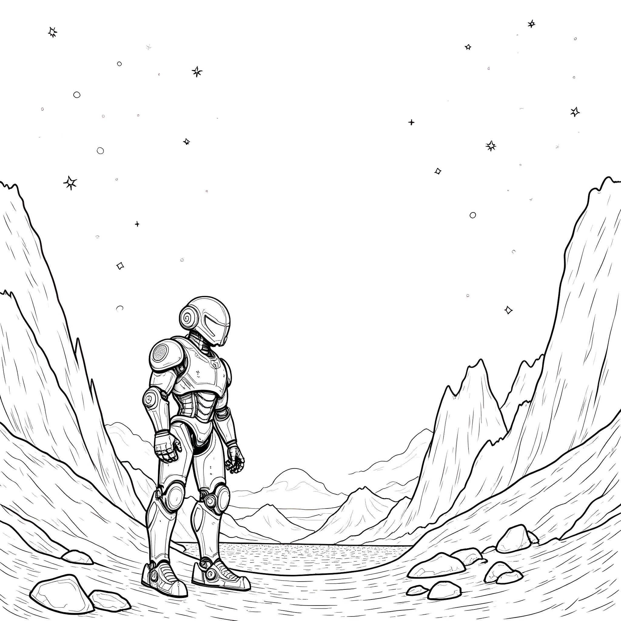 Robot exploring an alien landscape Coloring Page (free black-and-white line drawing printable PDF for all, from beginners to advanced learners, including children, teens, adults, and seniors)