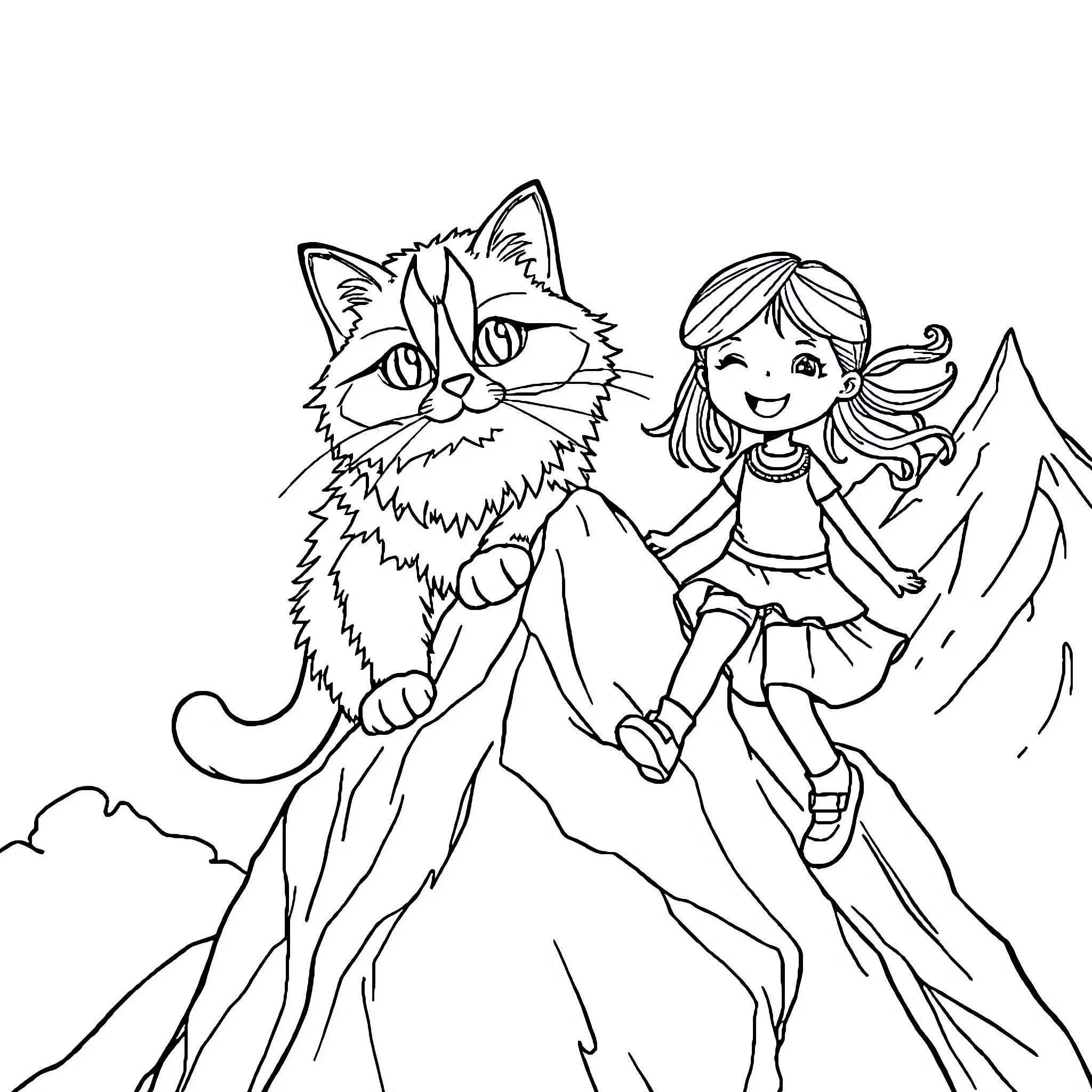 Cat and Girl in Snowy Mountains Coloring Page (free black-and-white line drawing printable PDF for all, from beginners to advanced learners, including children, teens, adults, and seniors)