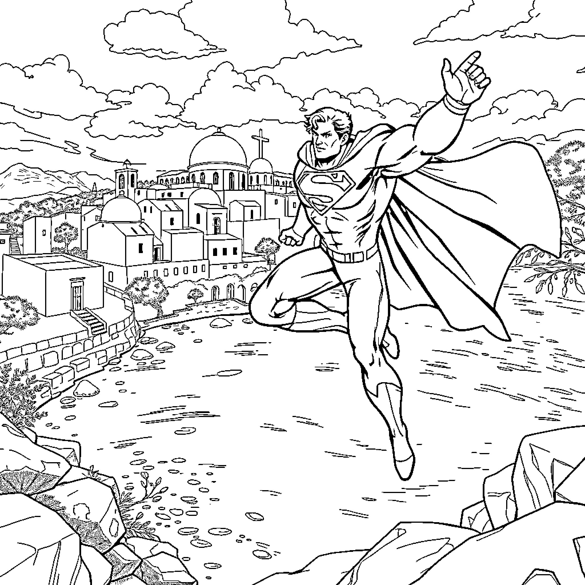 Superman soaring over a cityscape Coloring Page (free black-and-white line drawing printable PDF for all, from beginners to advanced learners, including children, teens, adults, and seniors)