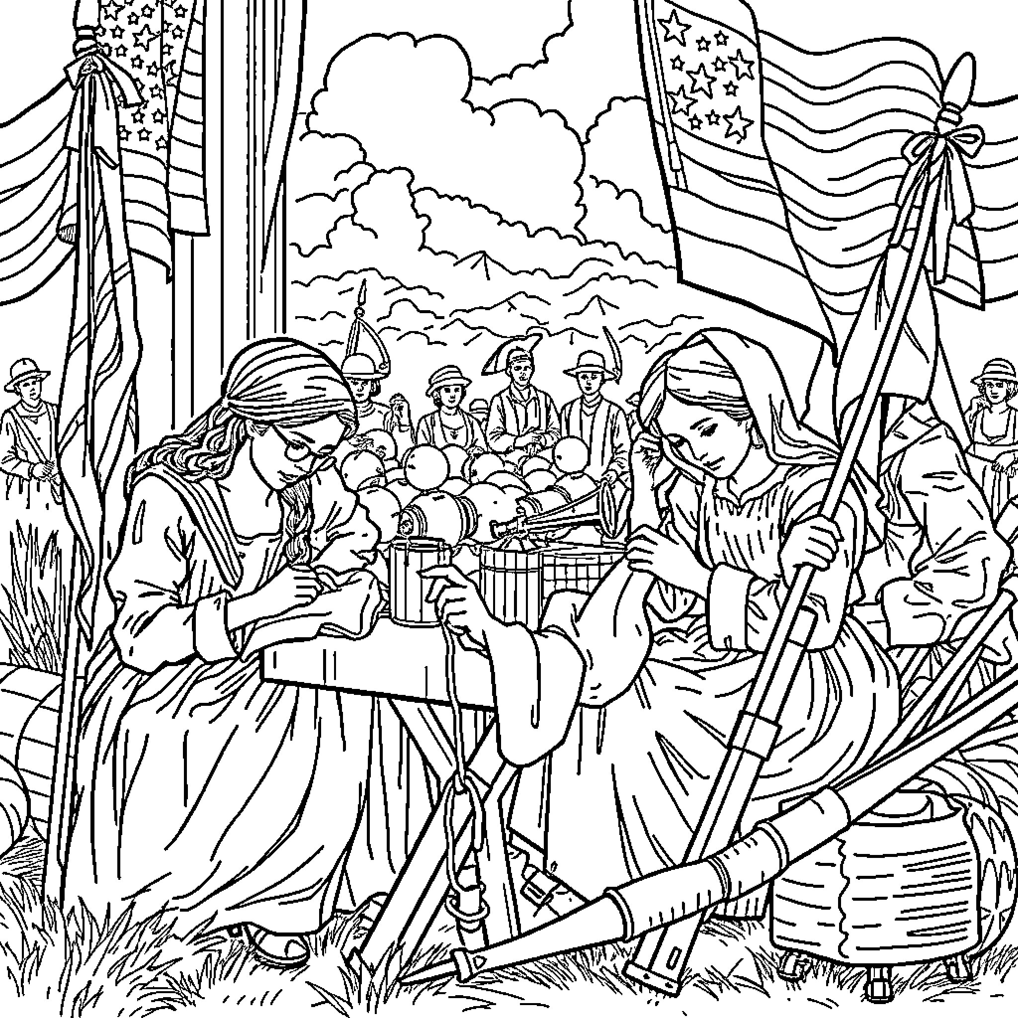 Woman in traditional attire hosting a community gathering Coloring Page (free black-and-white line drawing printable PDF for all, from beginners to advanced learners, including children, teens, adults, and seniors)