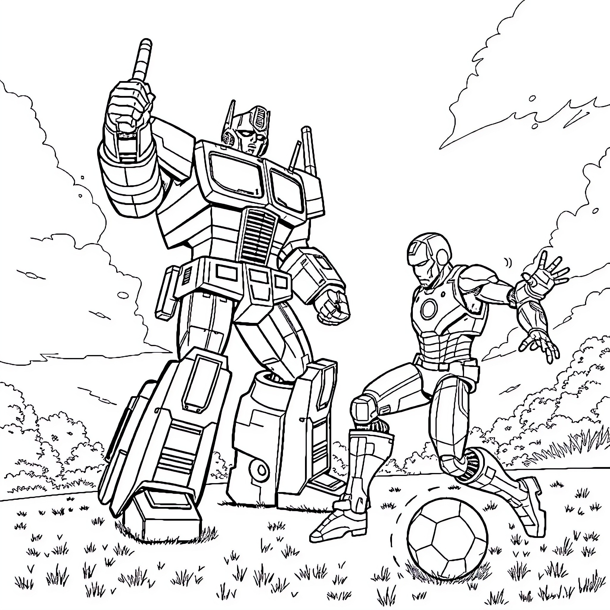 Optimus Prime and Iron Man battle in a grassy field Coloring Page (free black-and-white line drawing printable PDF for all, from beginners to advanced learners, including children, teens, adults, and seniors)