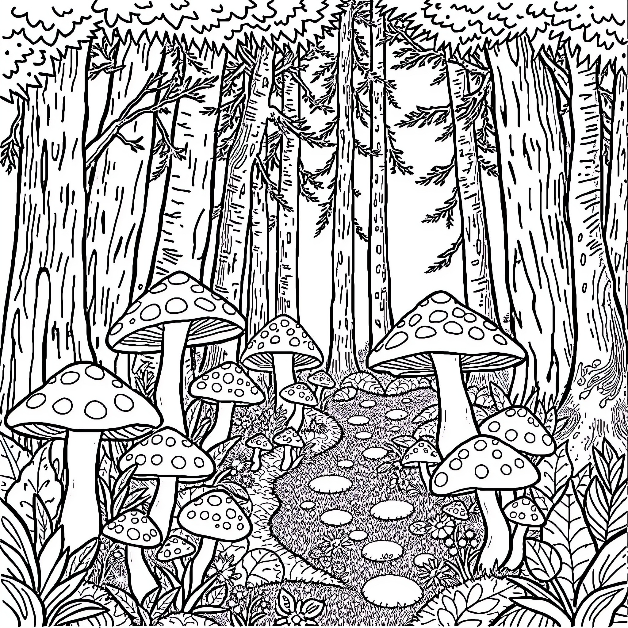 Mushroom Forest Exploration Coloring Page (free black-and-white line drawing printable PDF for all, from beginners to advanced learners, including children, teens, adults, and seniors)