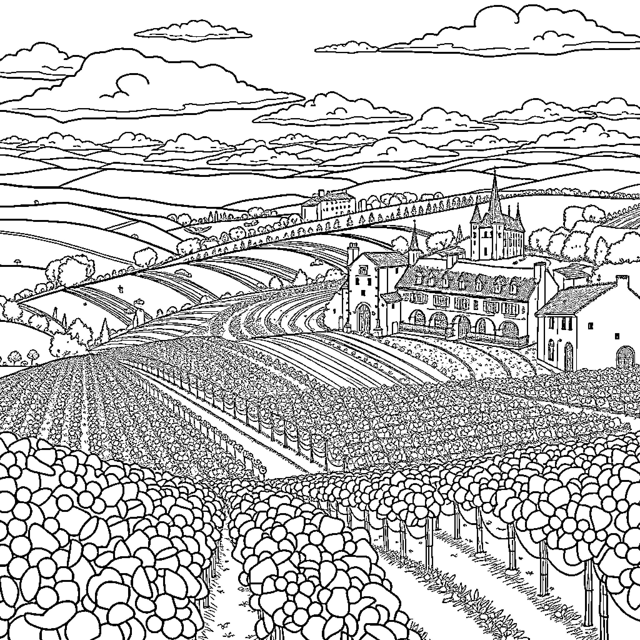 Wine Country Landscape with Vineyards and Castles Coloring Page (free black-and-white line drawing printable PDF for all, from beginners to advanced learners, including children, teens, adults, and seniors)