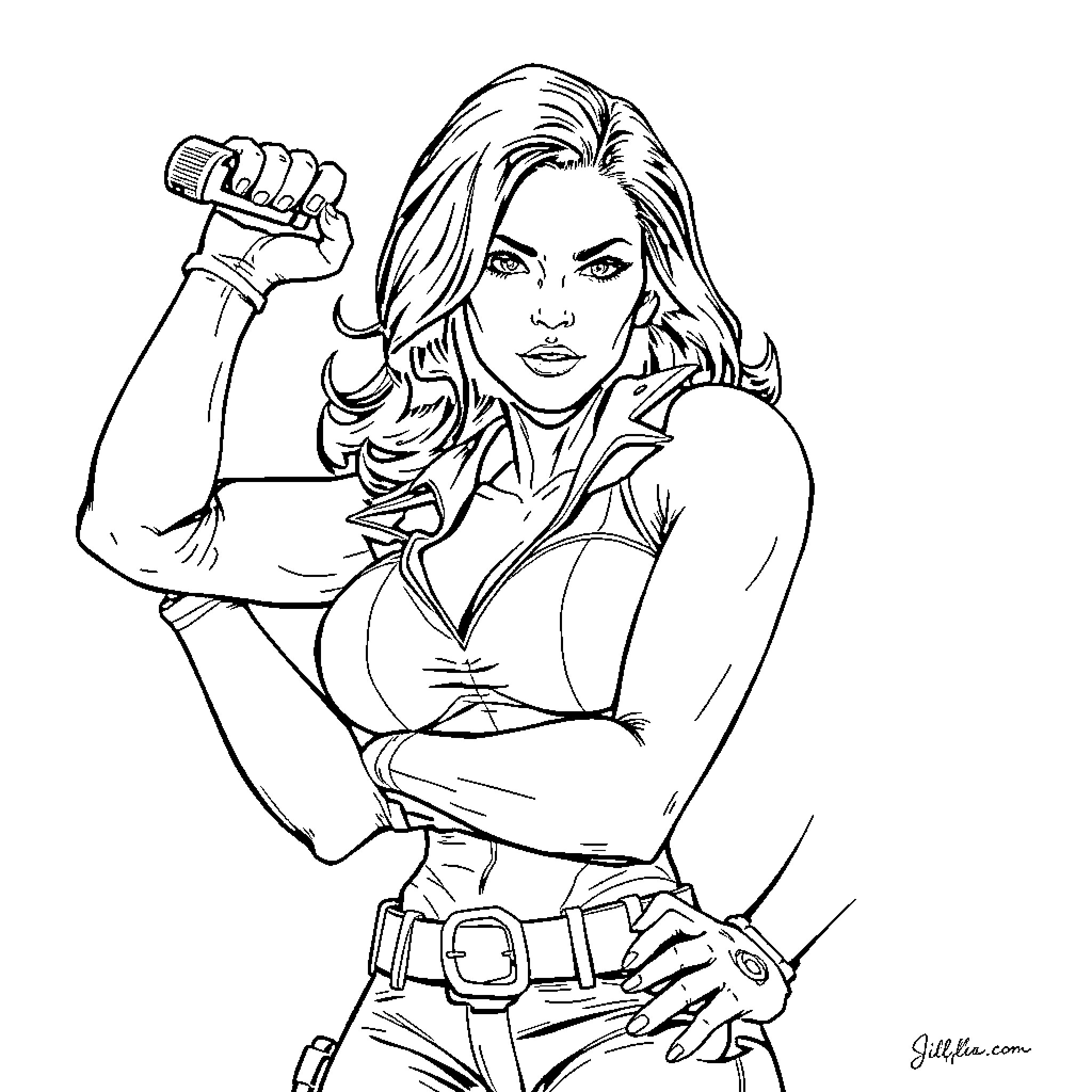 Jill Valentine's determined expression and combat-ready pose Coloring Page (free black-and-white line drawing printable PDF for all, from beginners to advanced learners, including children, teens, adults, and seniors)