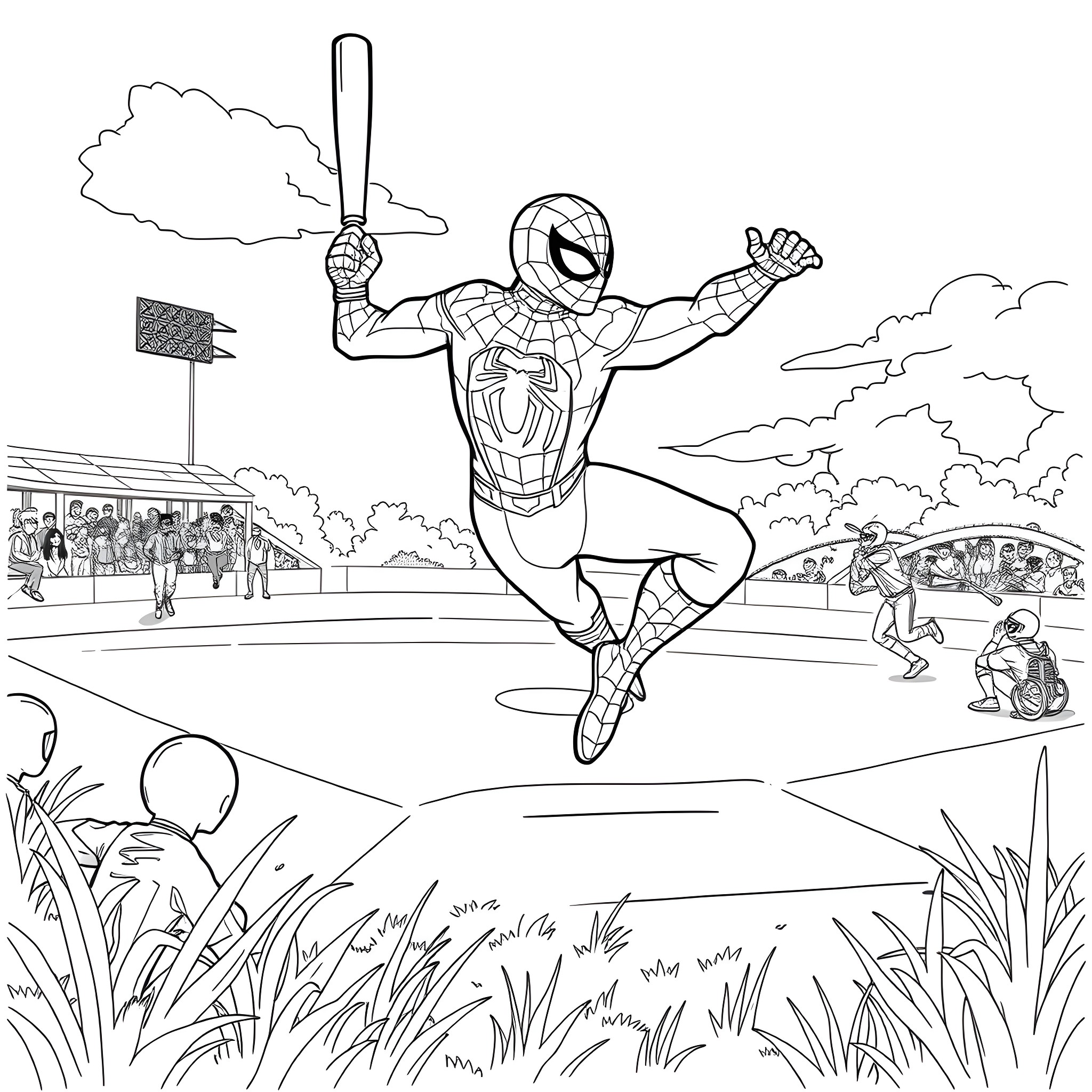 Spiderman swinging into action in the park Coloring Page (free black-and-white line drawing printable PDF for all, from beginners to advanced learners, including children, teens, adults, and seniors)