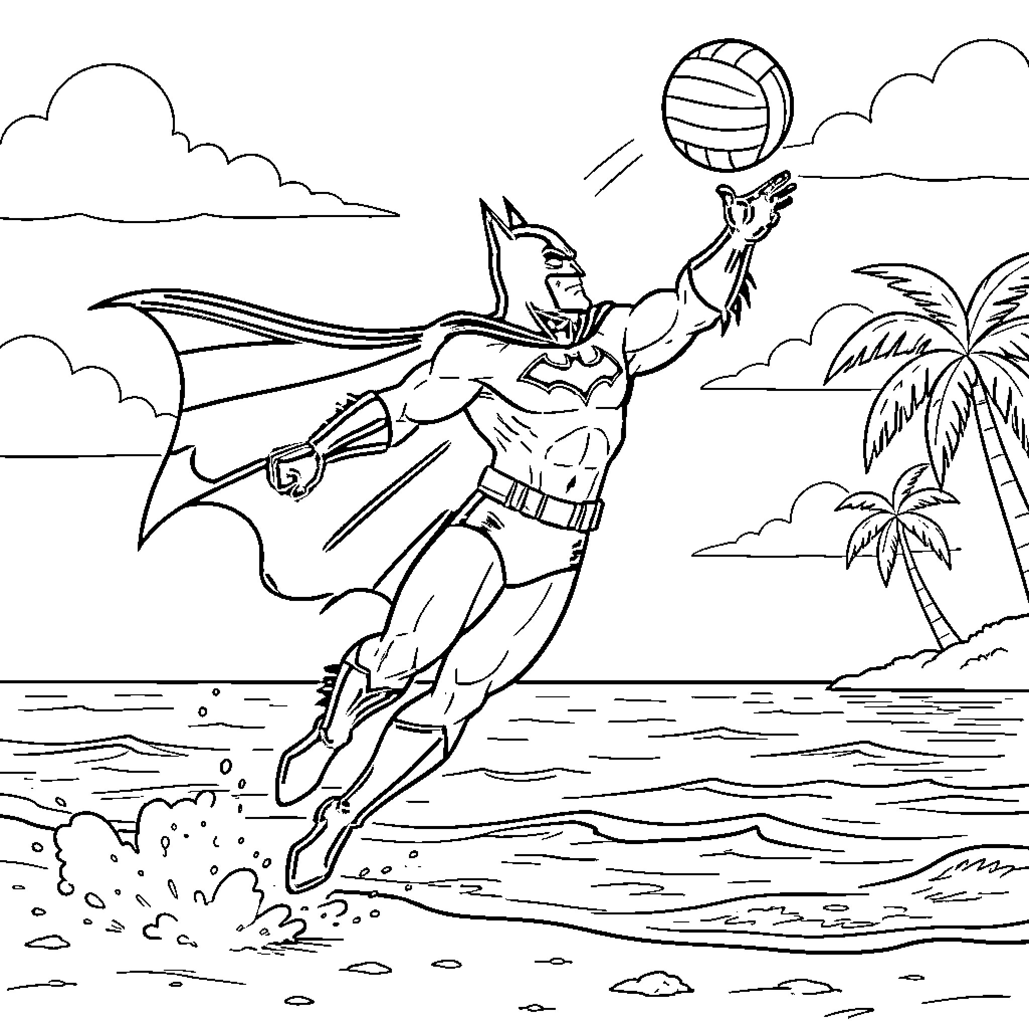 Batman Playing Volleyball in a Tropical Beach Setting Coloring Page (free black-and-white line drawing printable PDF for all, from beginners to advanced learners, including children, teens, adults, and seniors)