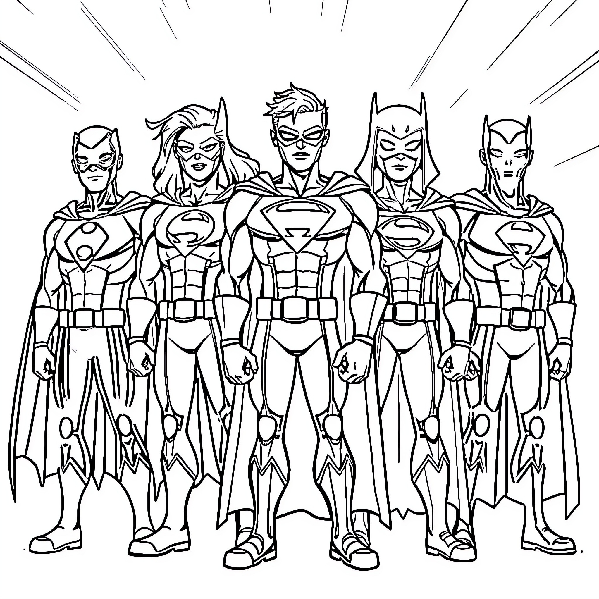 Superhero Team in Action-Packed Poses Coloring Page (free black-and-white line drawing printable PDF for all, from beginners to advanced learners, including children, teens, adults, and seniors)
