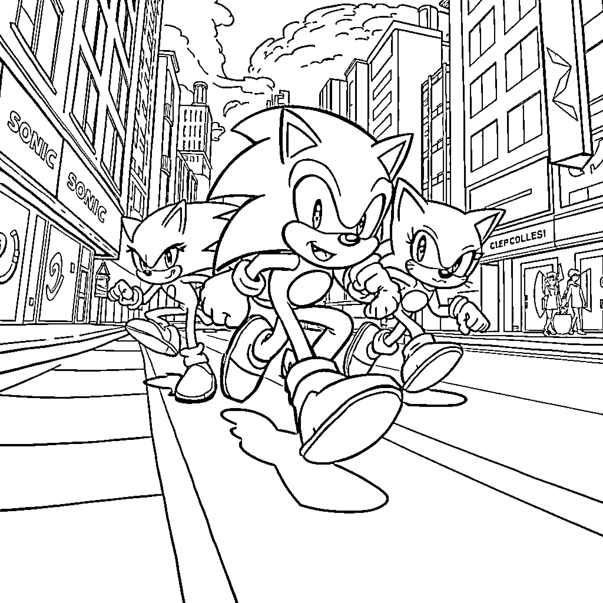 Racer Sonic and Friends in the City Coloring Page (free black-and-white line drawing printable PDF for all, from beginners to advanced learners, including children, teens, adults, and seniors)