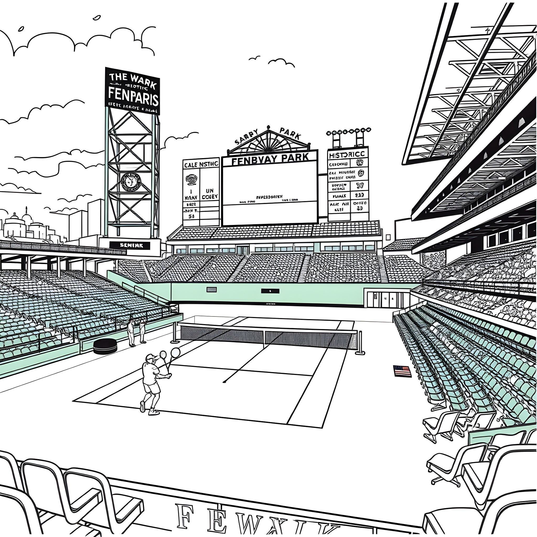 Jaren Duran at Fenway Park baseball stadium Coloring Page (free black-and-white line drawing printable PDF for all, from beginners to advanced learners, including children, teens, adults, and seniors)