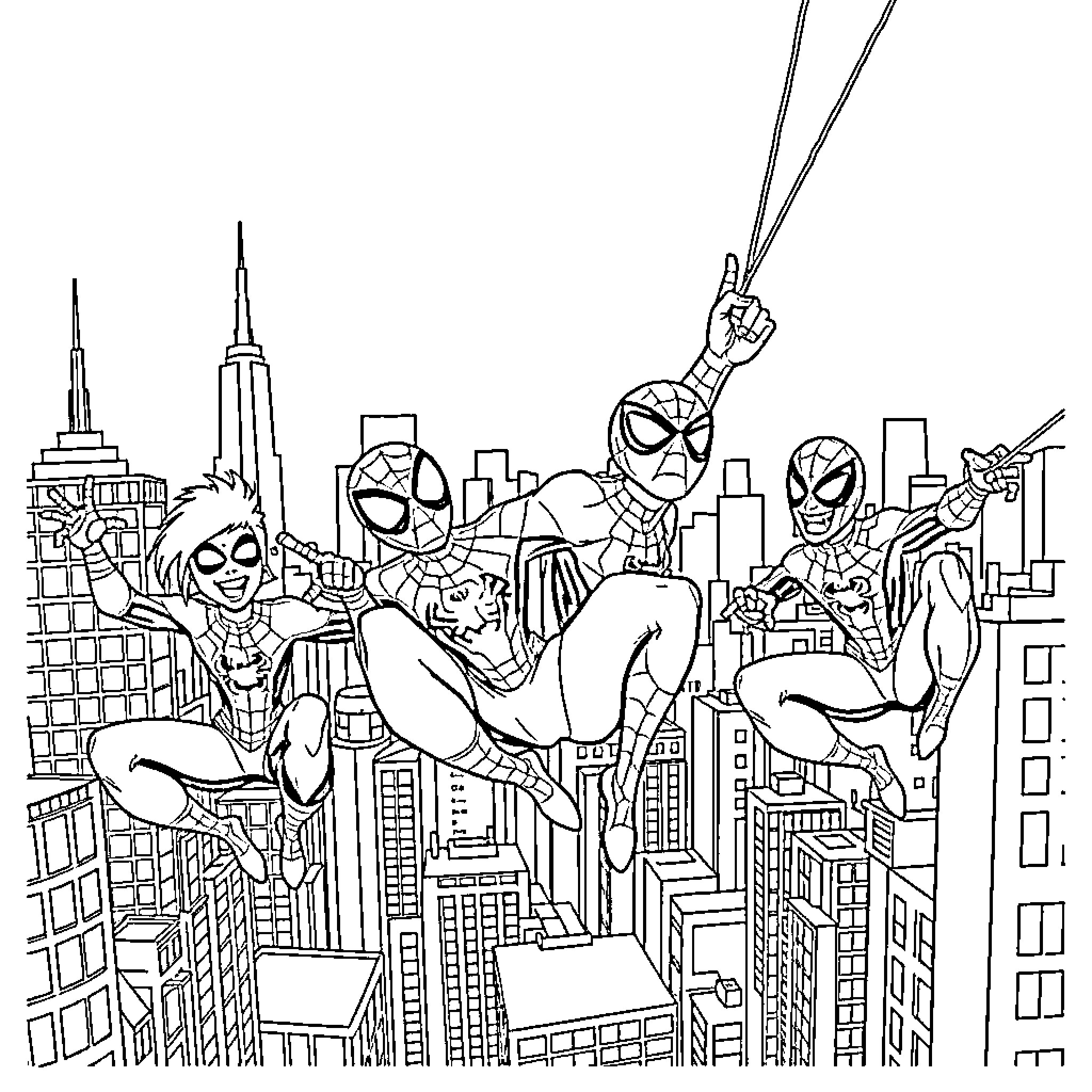 Spider-heroes swinging through the city skyline Coloring Page (free black-and-white line drawing printable PDF for all, from beginners to advanced learners, including children, teens, adults, and seniors)