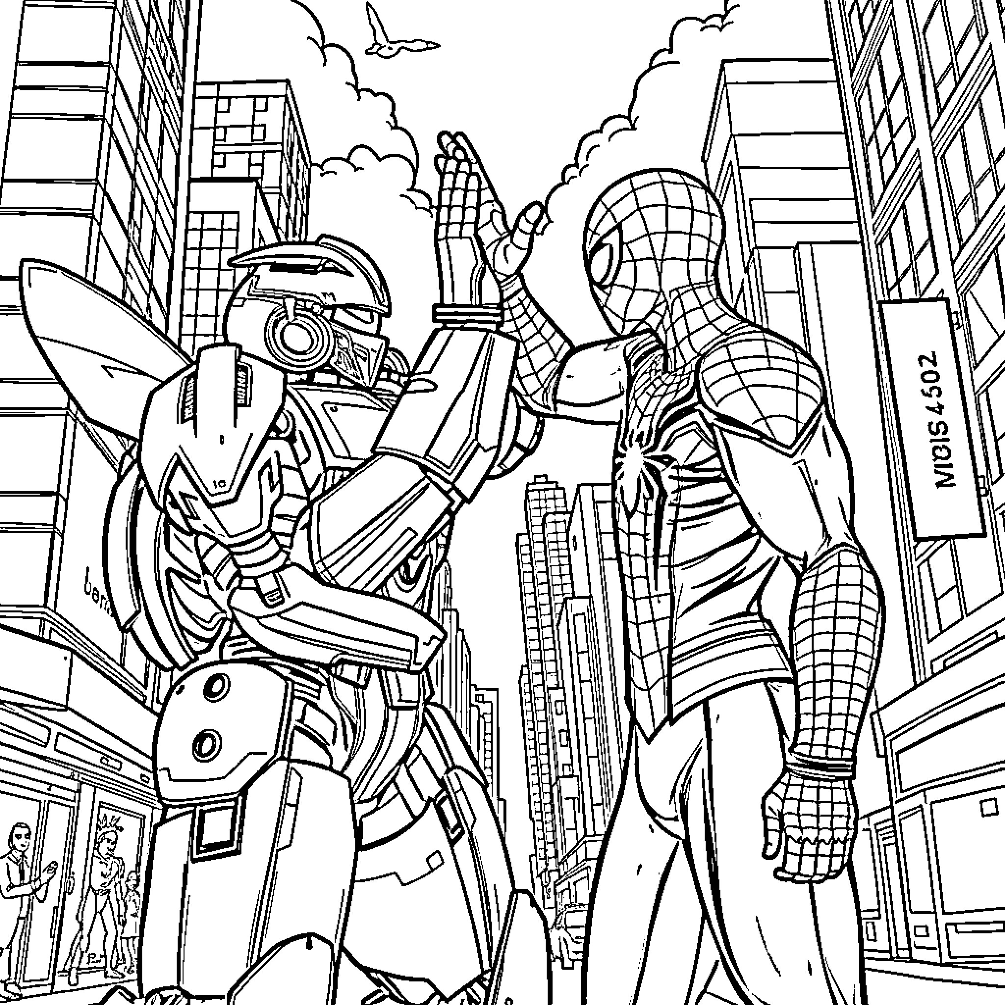 Bumblebee and Spiderman battle in the city Coloring Page (free black-and-white line drawing printable PDF for all, from beginners to advanced learners, including children, teens, adults, and seniors)