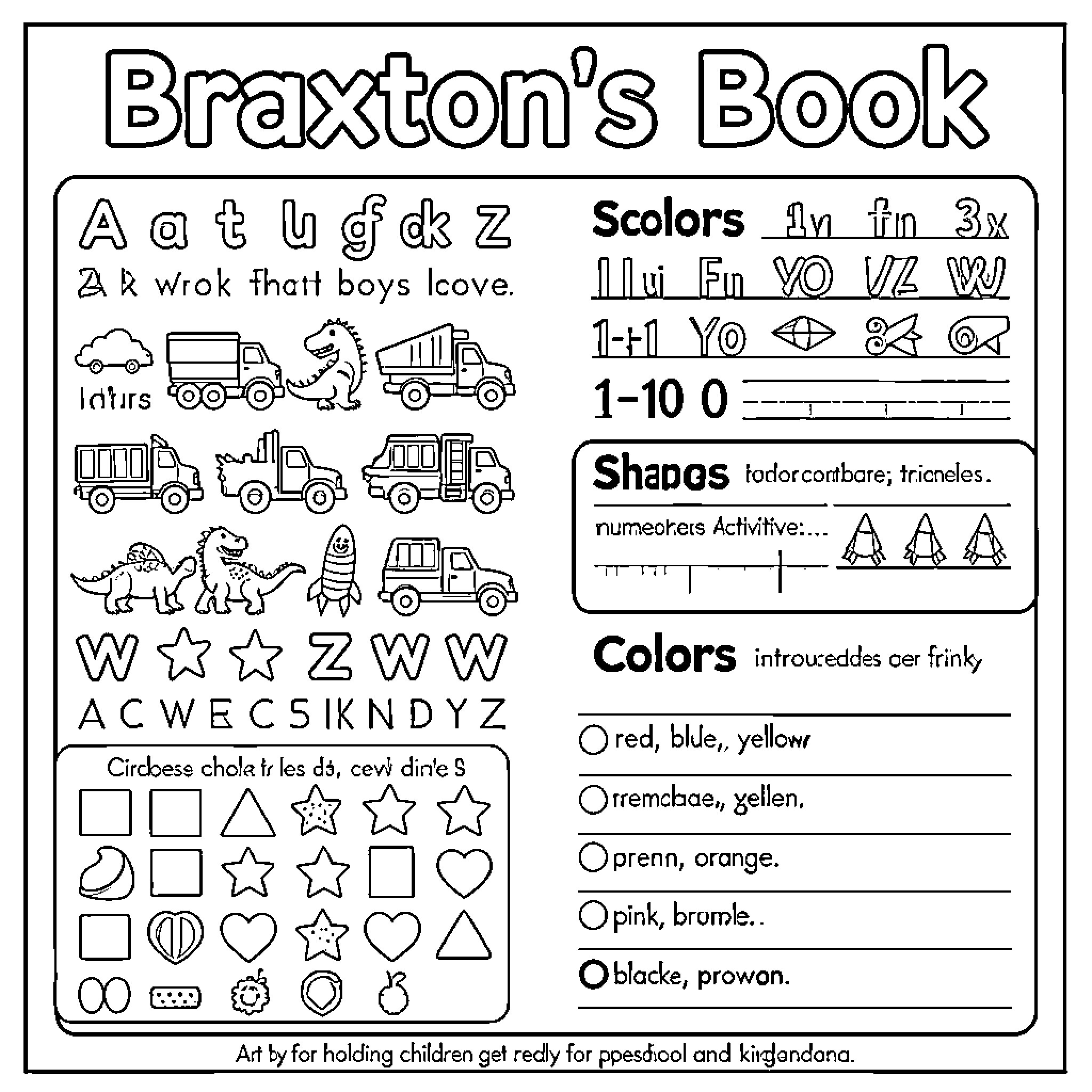 Alphabet Vehicles and Shapes in a Learning Book Coloring Page (free black-and-white line drawing printable PDF for all, from beginners to advanced learners, including children, teens, adults, and seniors)