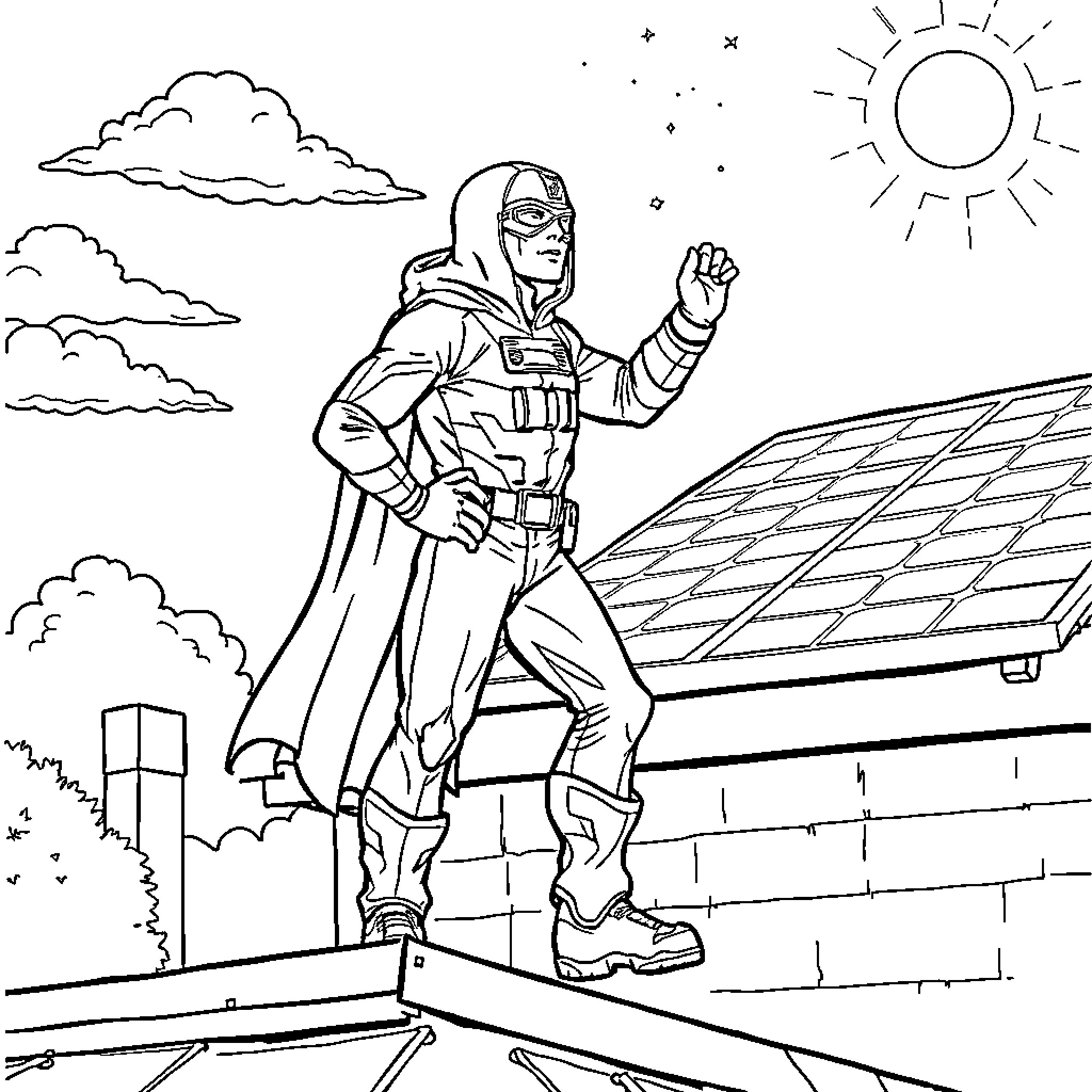 Solar Installer inspecting solar panels on rooftop Coloring Page (free black-and-white line drawing printable PDF for all, from beginners to advanced learners, including children, teens, adults, and seniors)