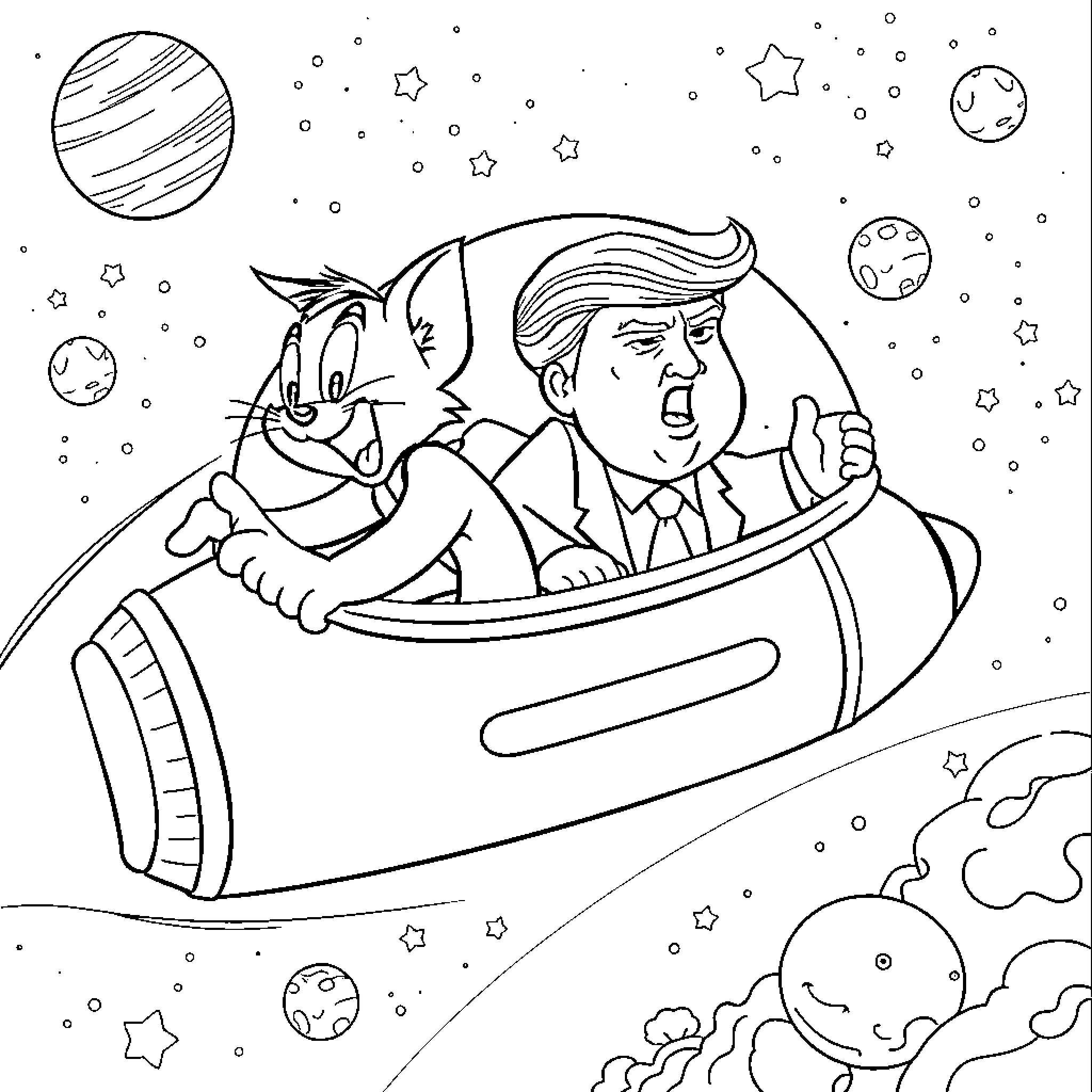 Tom and Jerry's Cosmic Adventure Coloring Page (free black-and-white line drawing printable PDF for all, from beginners to advanced learners, including children, teens, adults, and seniors)