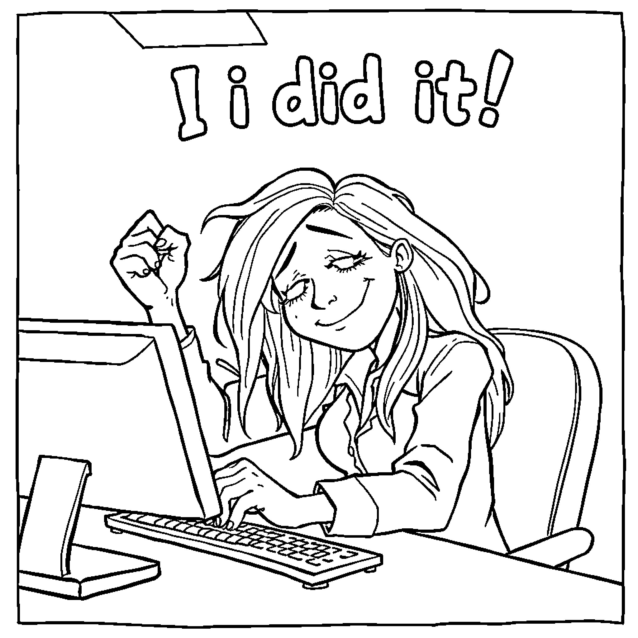 Receptionist celebrates successful task completion Coloring Page (free black-and-white line drawing printable PDF for all, from beginners to advanced learners, including children, teens, adults, and seniors)