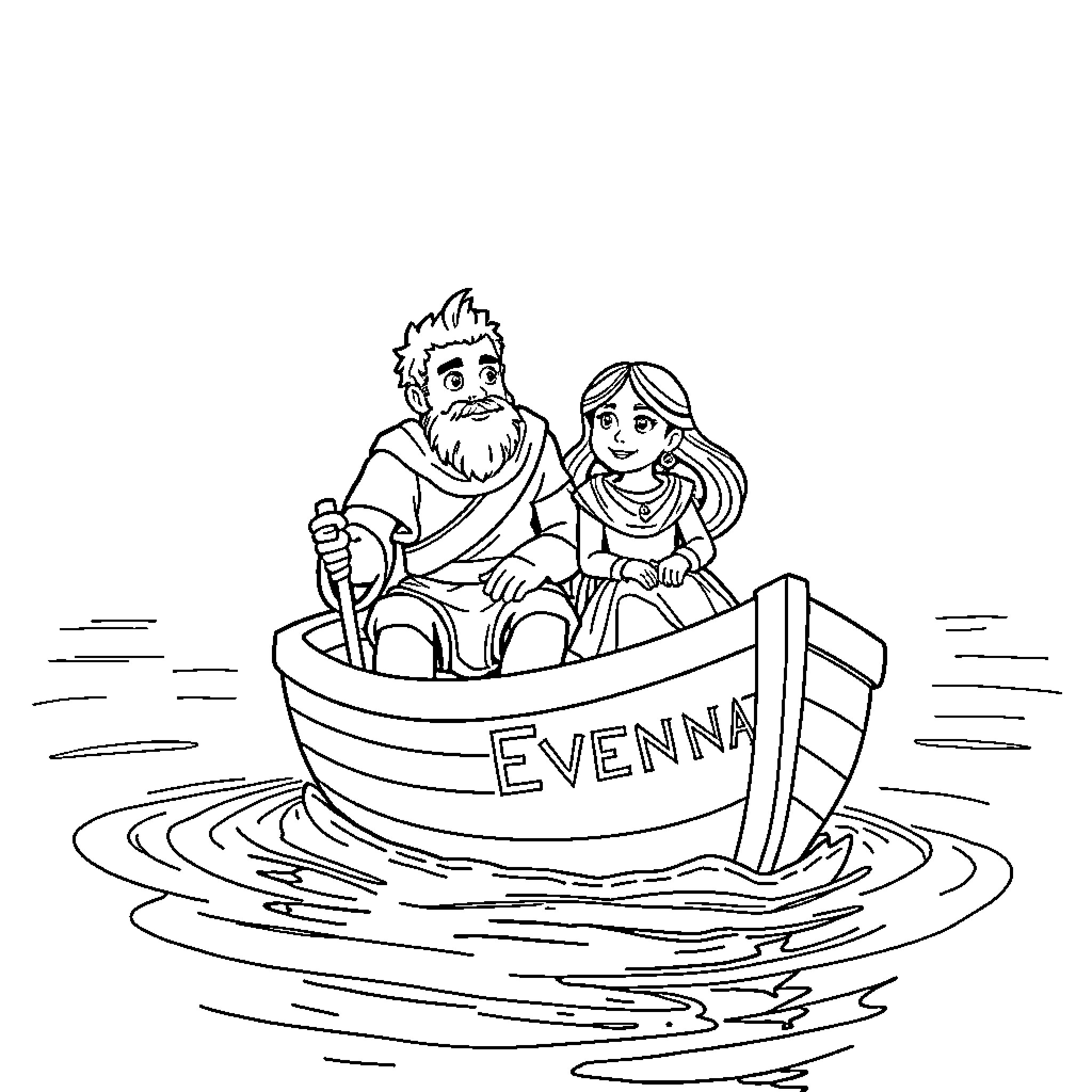 Boat carrying two people on a journey Coloring Page (free black-and-white line drawing printable PDF for all, from beginners to advanced learners, including children, teens, adults, and seniors)