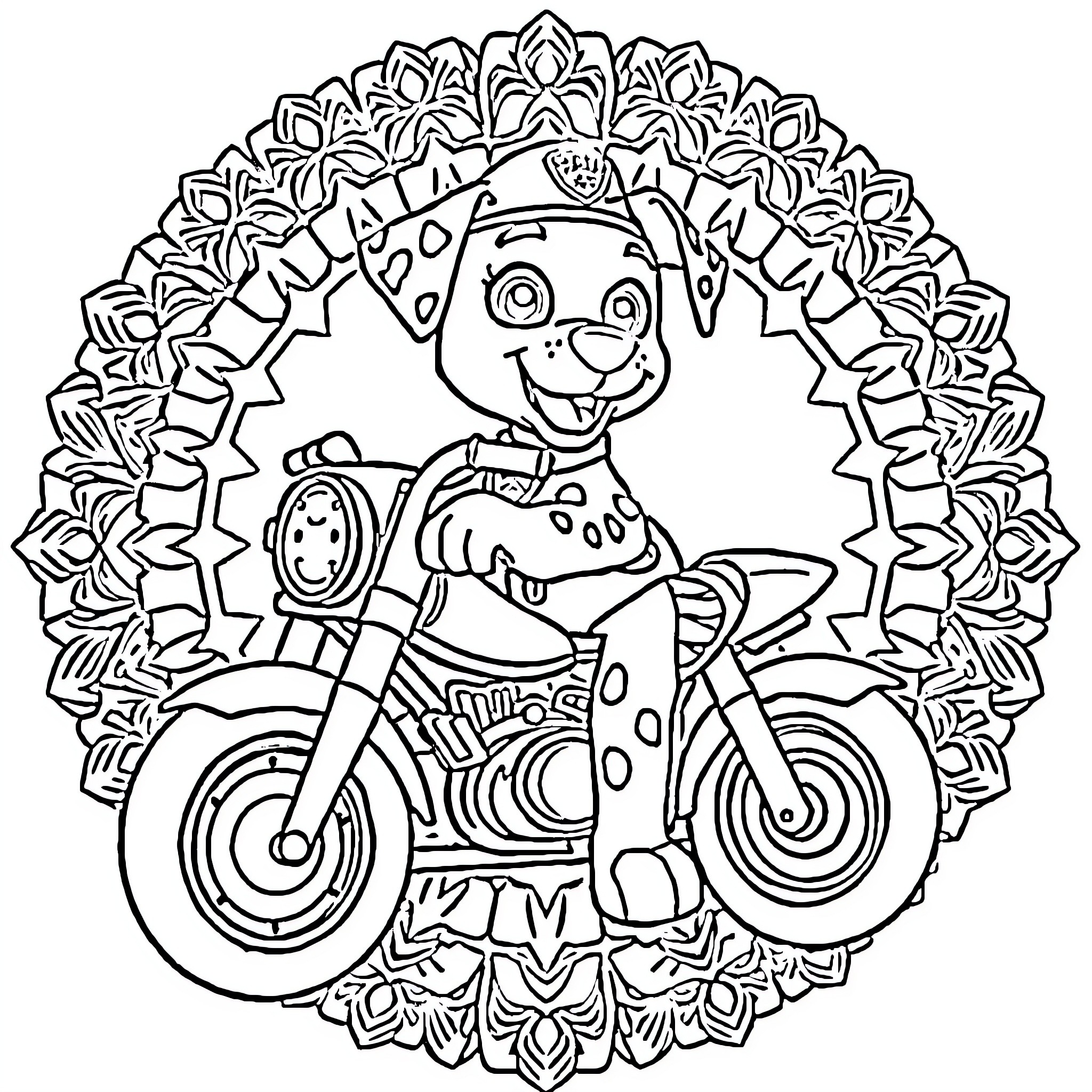 Marshall riding motorcycle in ornate floral frame Coloring Page (free black-and-white line drawing printable PDF for all, from beginners to advanced learners, including children, teens, adults, and seniors)