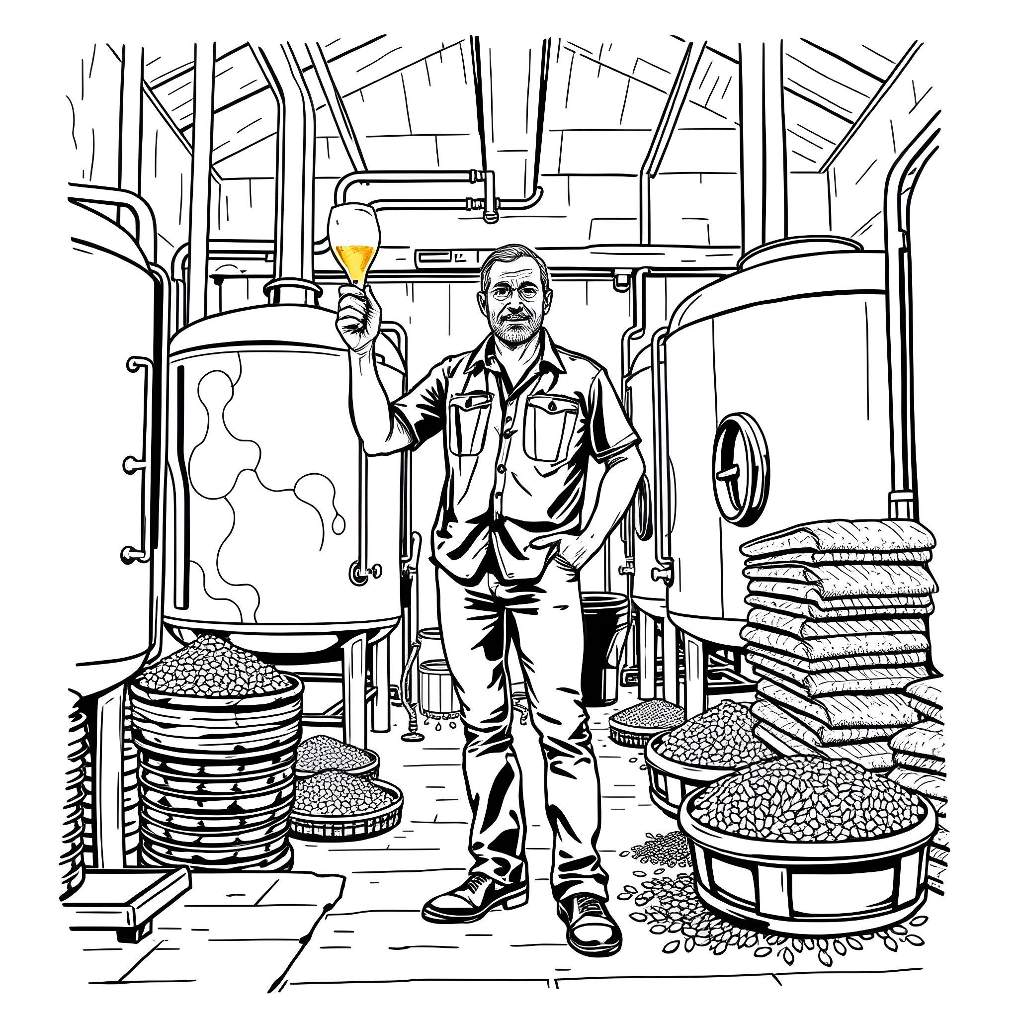 Peter Garrett Inspecting Brewing Equipment in Factory Coloring Page (free black-and-white line drawing printable PDF for all, from beginners to advanced learners, including children, teens, adults, and seniors)