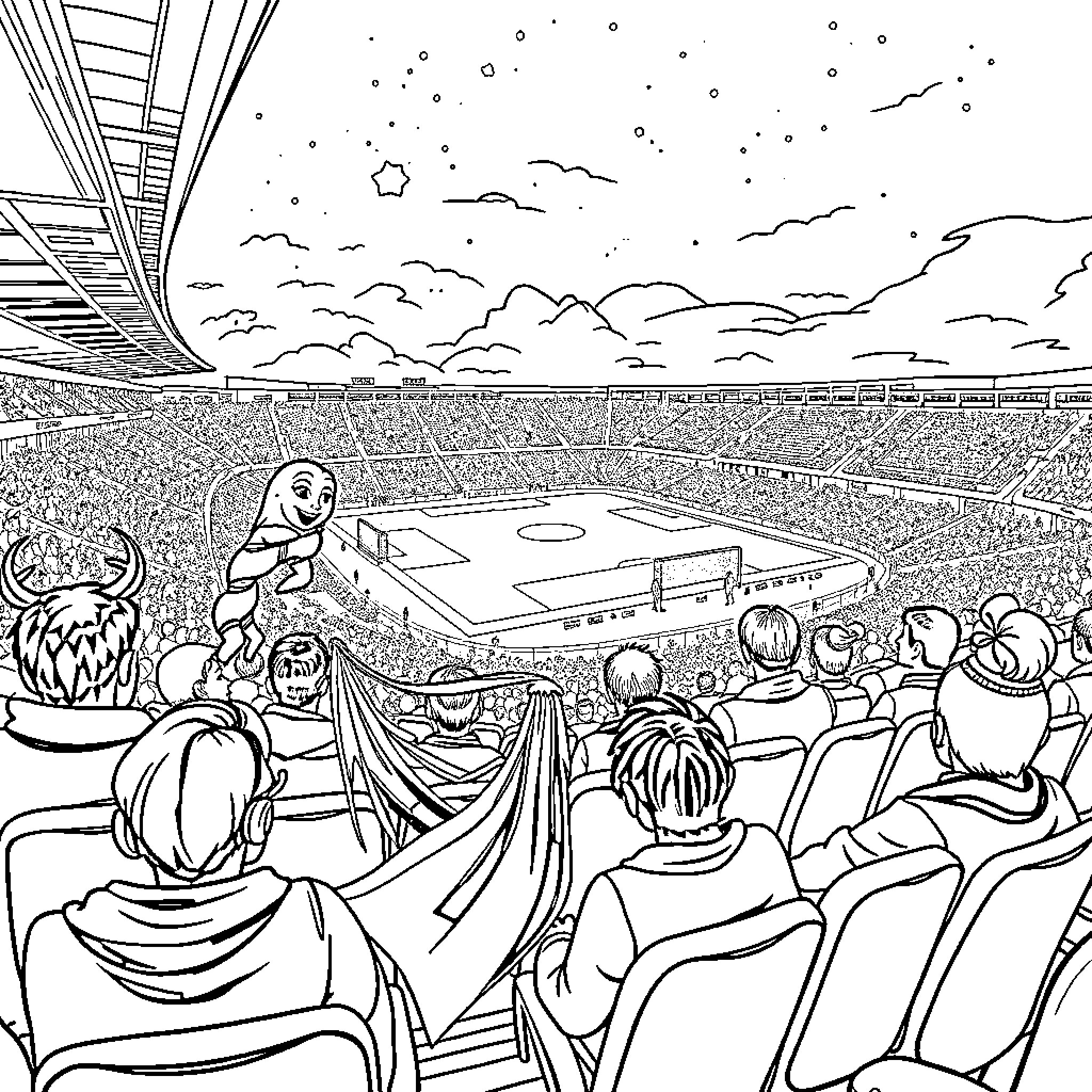 Elsa's Magical Ice Skating Performance at the Stadium Coloring Page (free black-and-white line drawing printable PDF for all, from beginners to advanced learners, including children, teens, adults, and seniors)