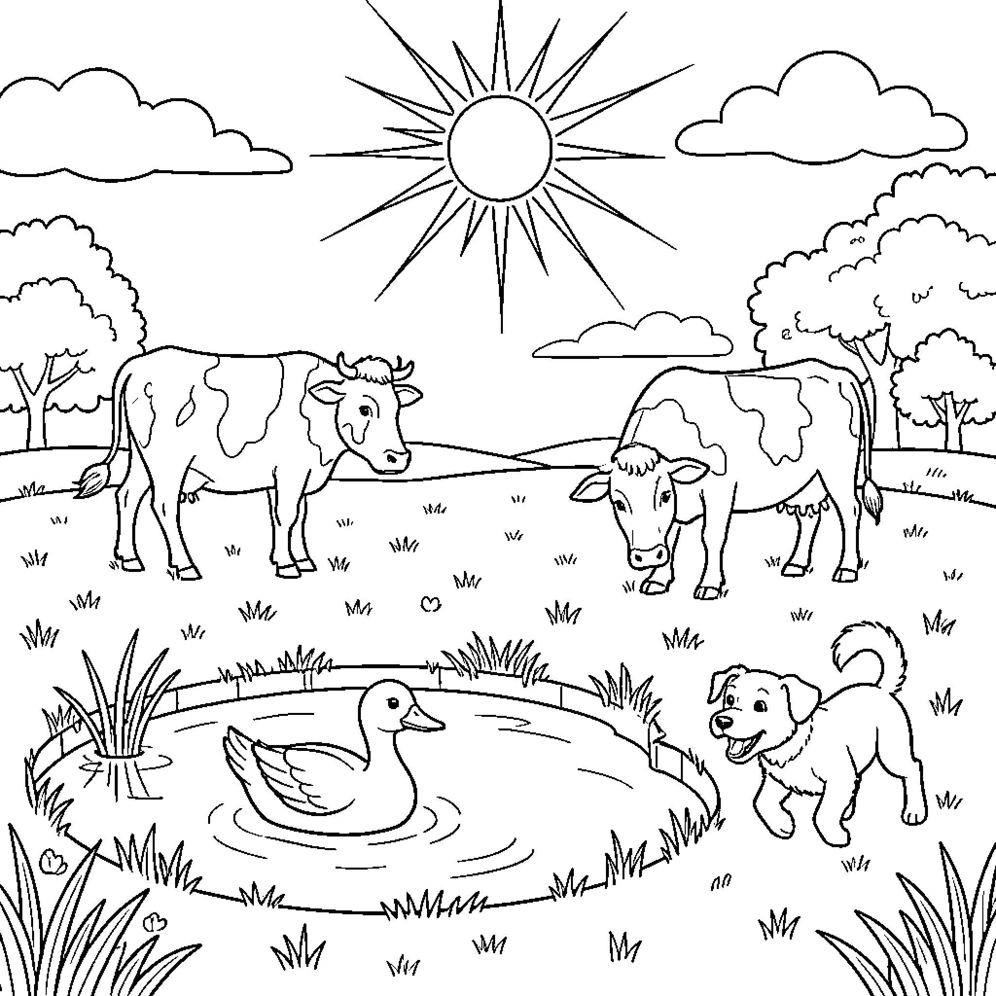 Pato's Peaceful Farm Scene Coloring Page (free black-and-white line drawing printable PDF for all, from beginners to advanced learners, including children, teens, adults, and seniors)