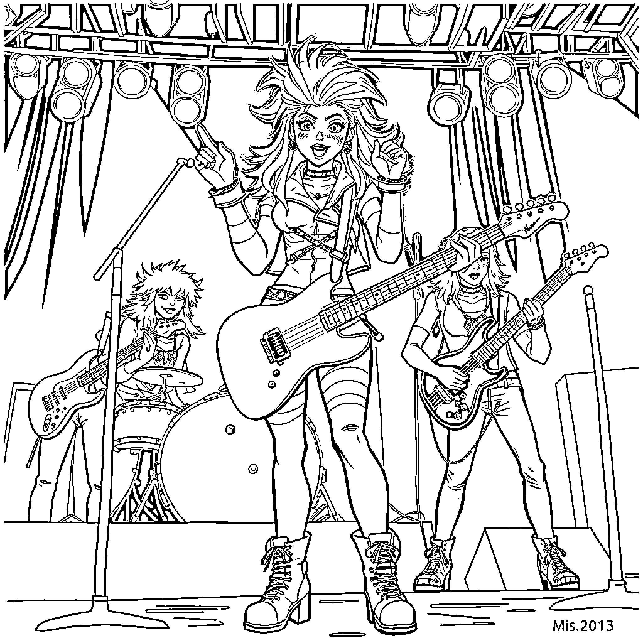 Stormer band performing on stage with energy Coloring Page (free black-and-white line drawing printable PDF for all, from beginners to advanced learners, including children, teens, adults, and seniors)