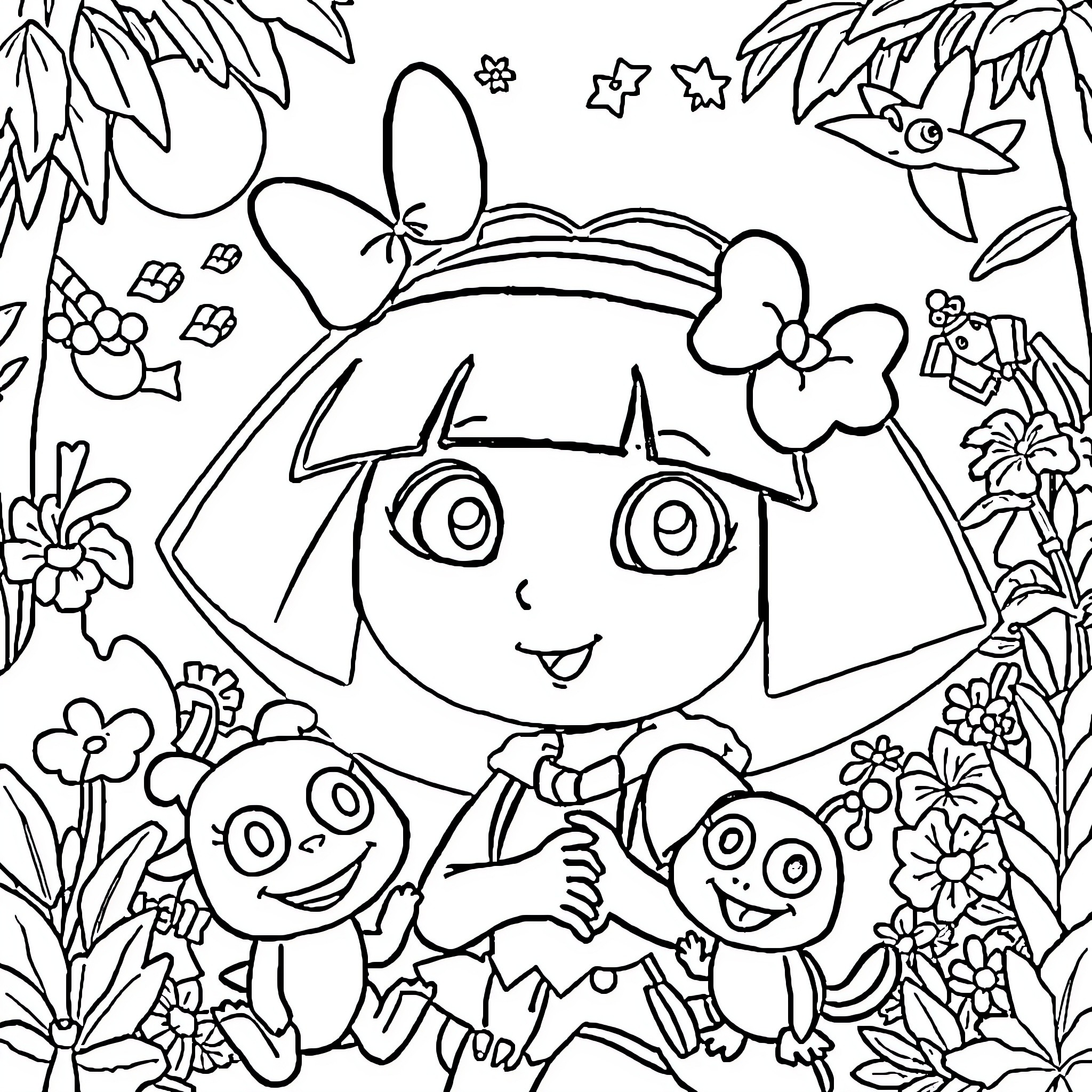 Patrol of Cheerful Characters in a Vibrant Jungle Coloring Page (free black-and-white line drawing printable PDF for all, from beginners to advanced learners, including children, teens, adults, and seniors)