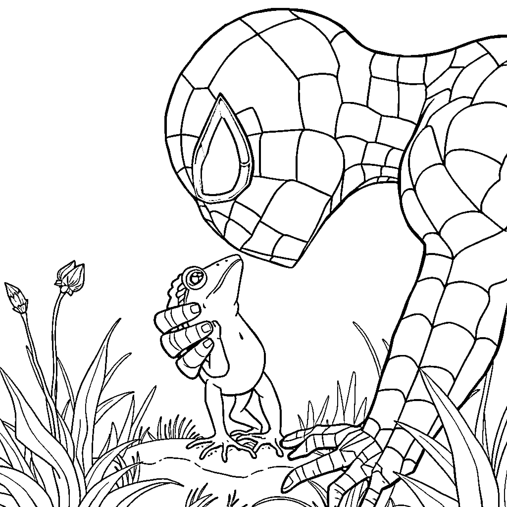 Spiderman swinging through the web-filled landscape Coloring Page (free black-and-white line drawing printable PDF for all, from beginners to advanced learners, including children, teens, adults, and seniors)