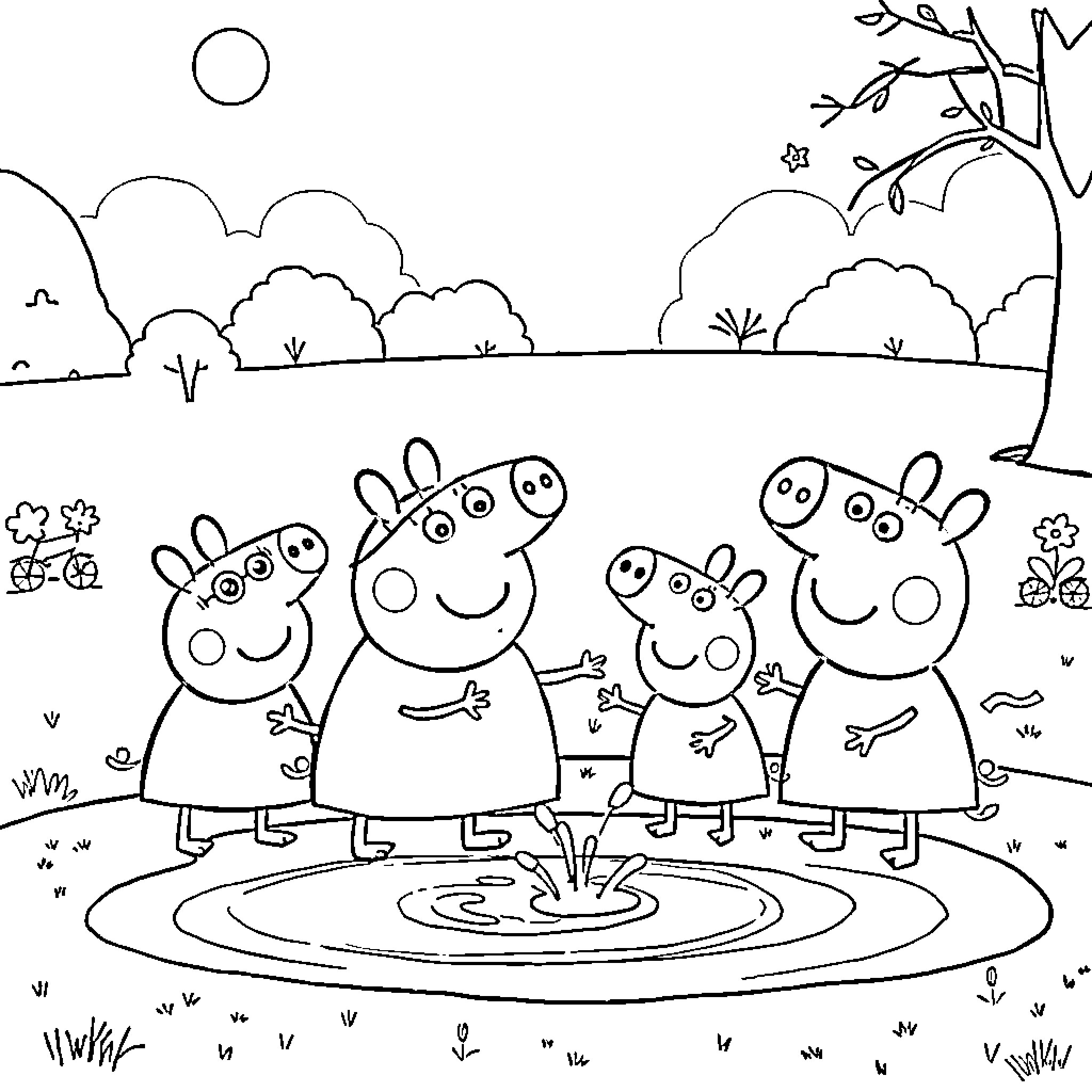 Peppa Pig and friends enjoying outdoor adventure Coloring Page (free black-and-white line drawing printable PDF for all, from beginners to advanced learners, including children, teens, adults, and seniors)