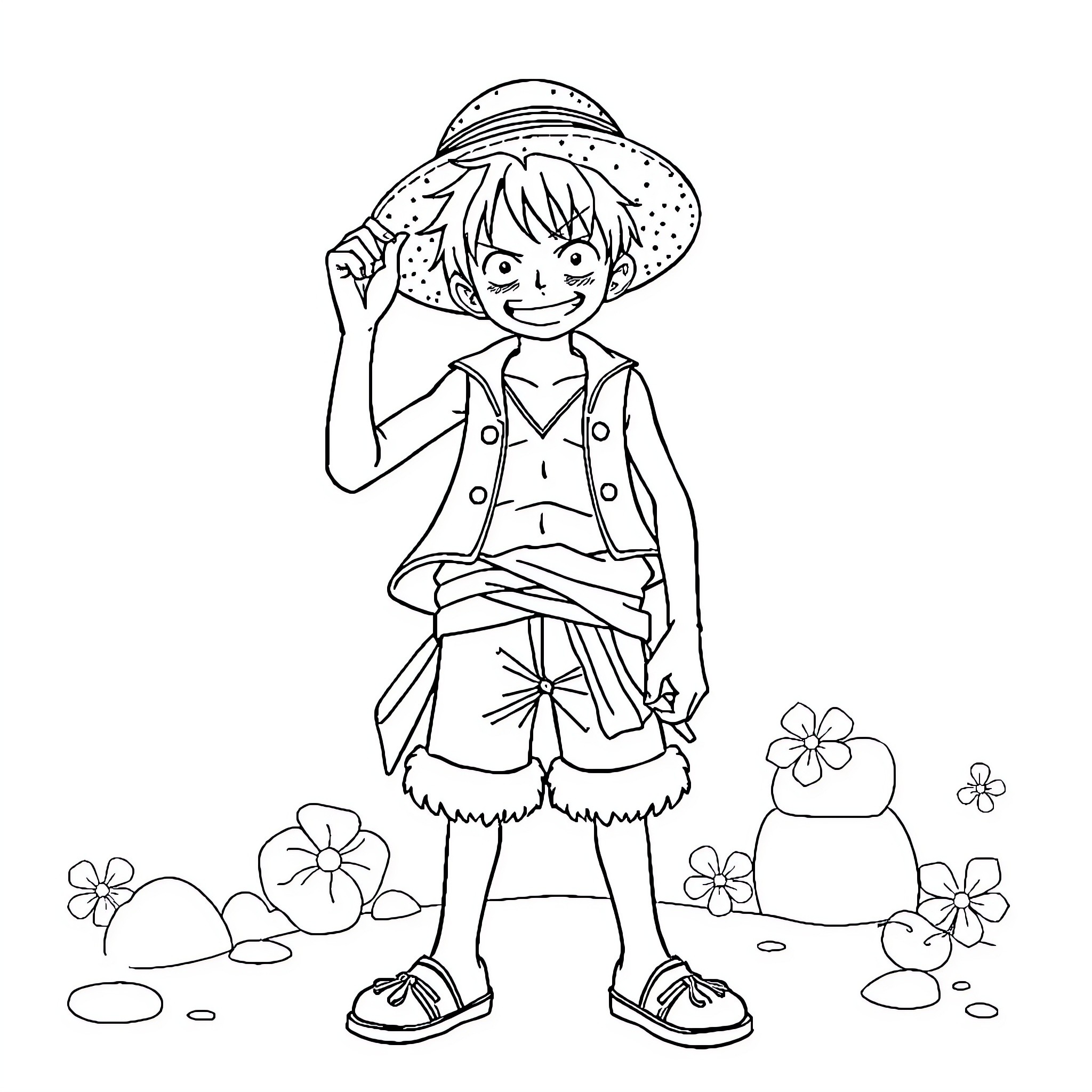One Piece: Cheerful Young Adventurer's Outdoor Exploration Coloring Page (free black-and-white line drawing printable PDF for all, from beginners to advanced learners, including children, teens, adults, and seniors)