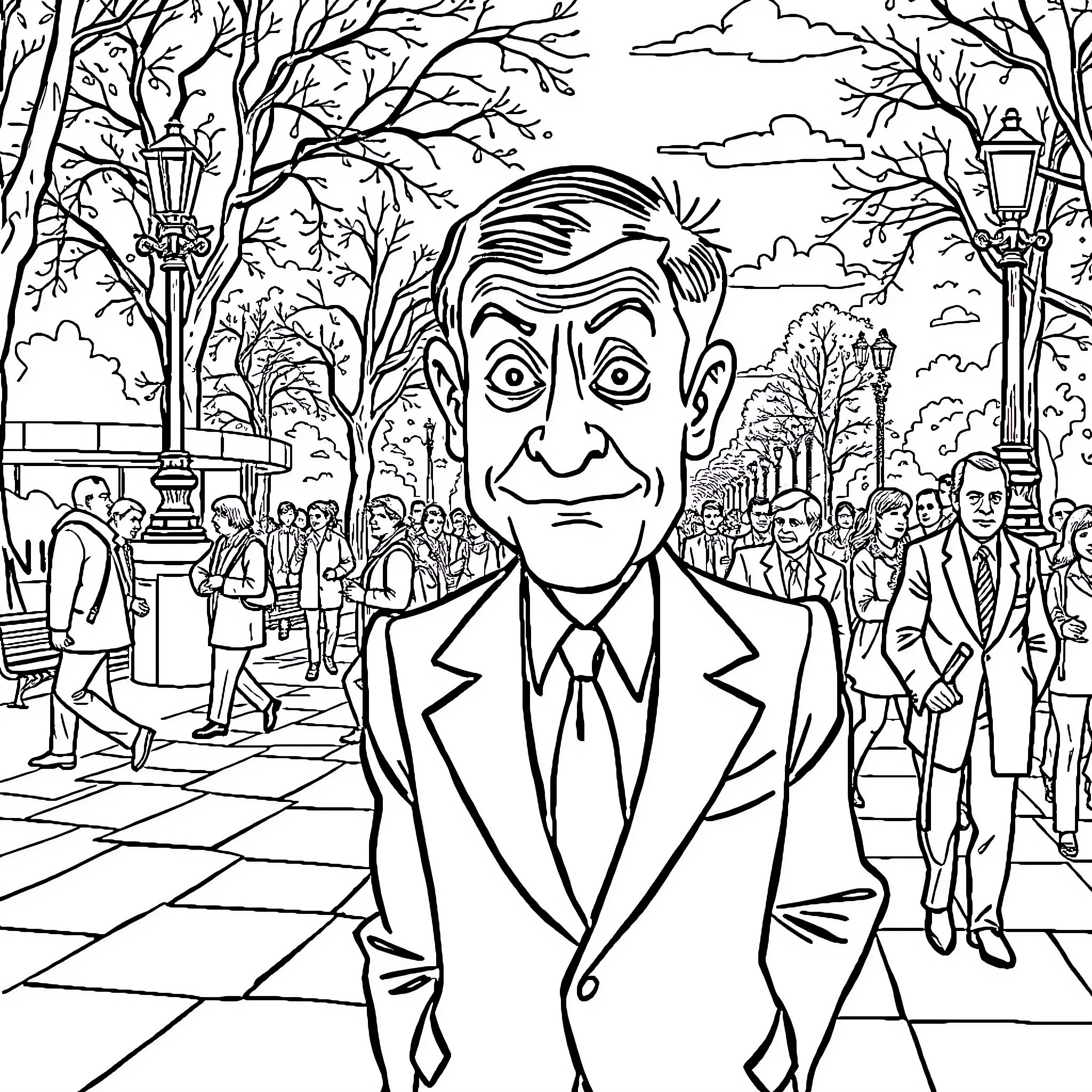 Mr Bean's Amusing Antics in the City Park Coloring Page (free black-and-white line drawing printable PDF for all, from beginners to advanced learners, including children, teens, adults, and seniors)