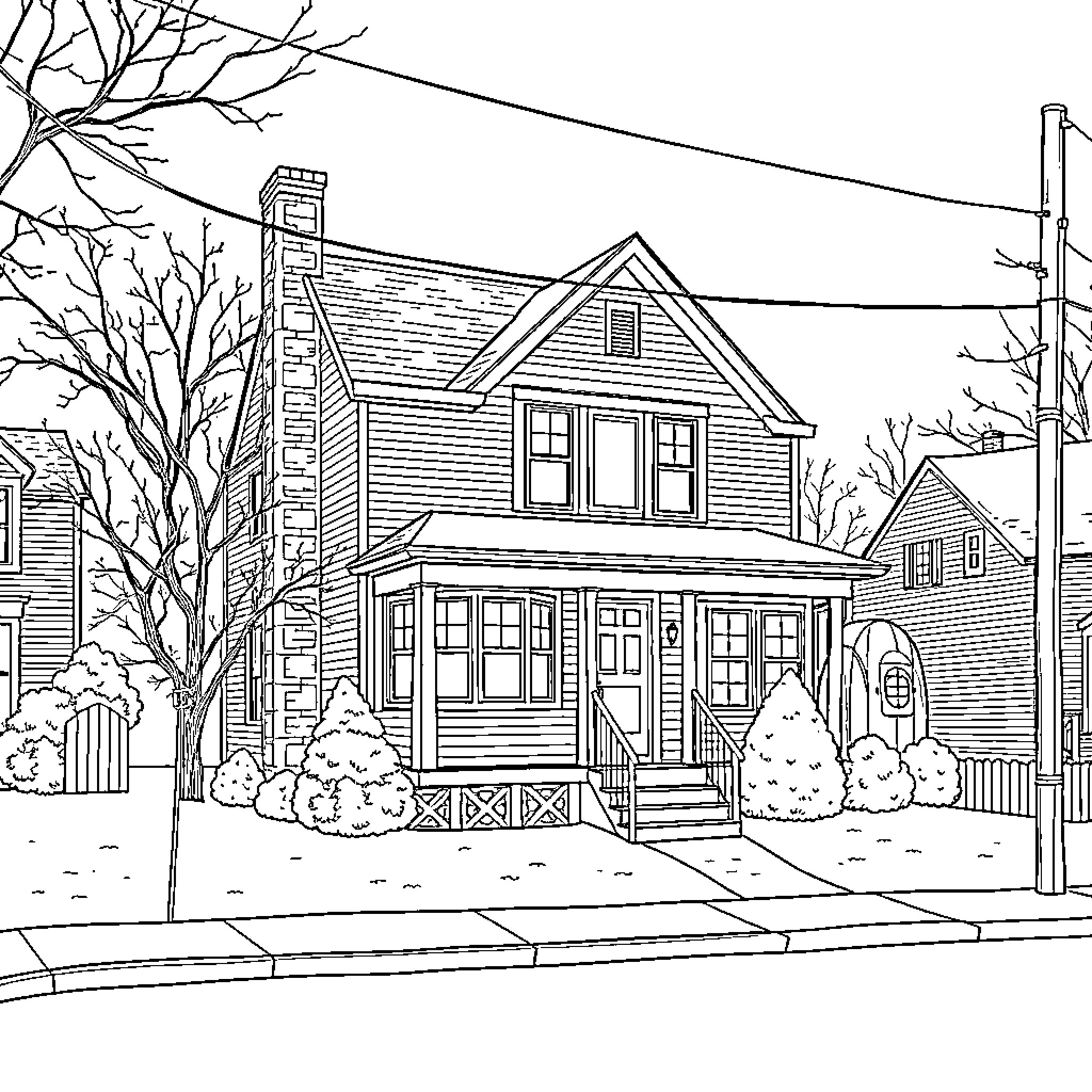 Patriot Street: Historic Home with Cozy Winter Charm Coloring Page (free black-and-white line drawing printable PDF for all, from beginners to advanced learners, including children, teens, adults, and seniors)