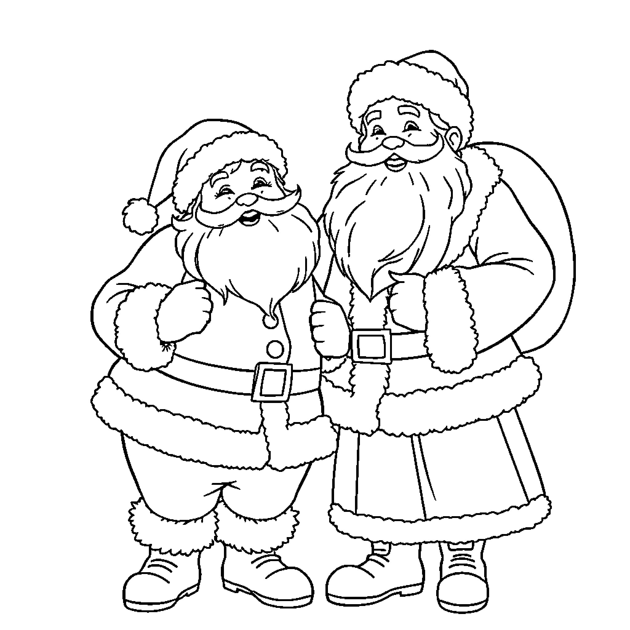 Santa Claus and his Festive Companions Coloring Page (free black-and-white line drawing printable PDF for all, from beginners to advanced learners, including children, teens, adults, and seniors)