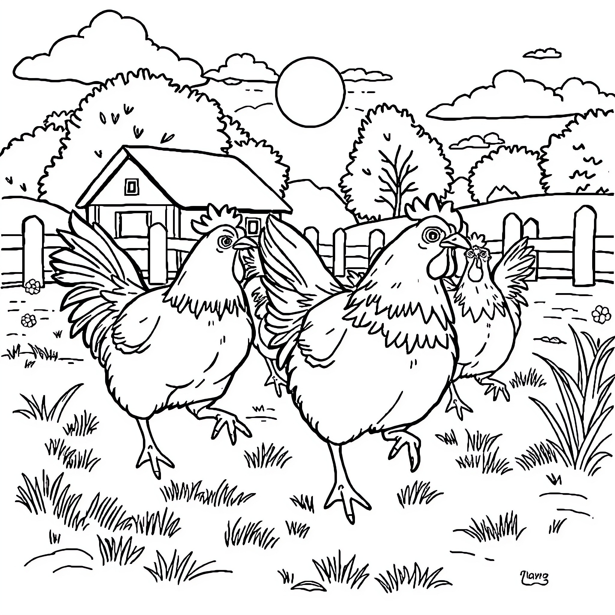 Chickens roaming freely on a farmland Coloring Page (free black-and-white line drawing printable PDF for all, from beginners to advanced learners, including children, teens, adults, and seniors)