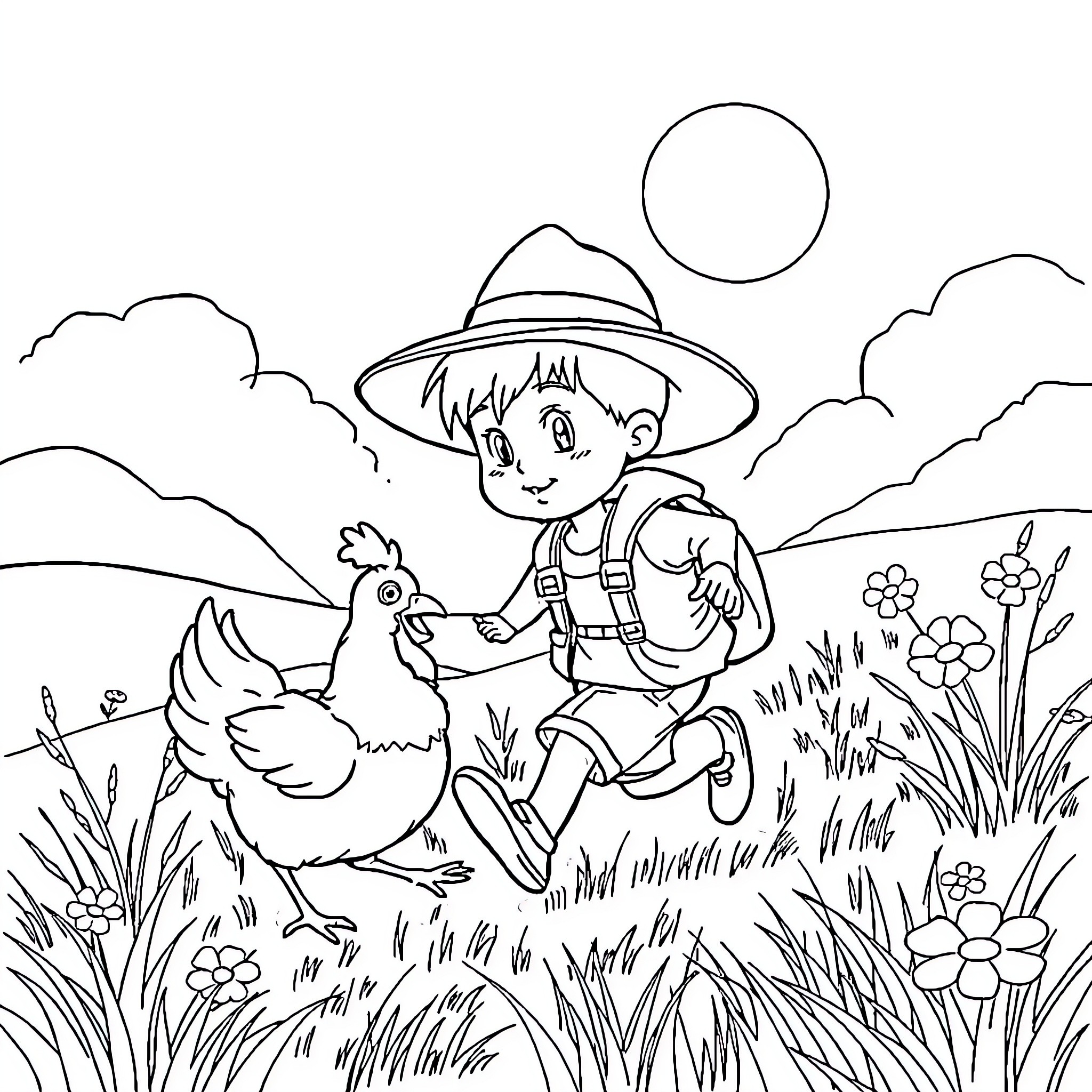 Boy exploring nature with his pet chicken Coloring Page (free black-and-white line drawing printable PDF for all, from beginners to advanced learners, including children, teens, adults, and seniors)