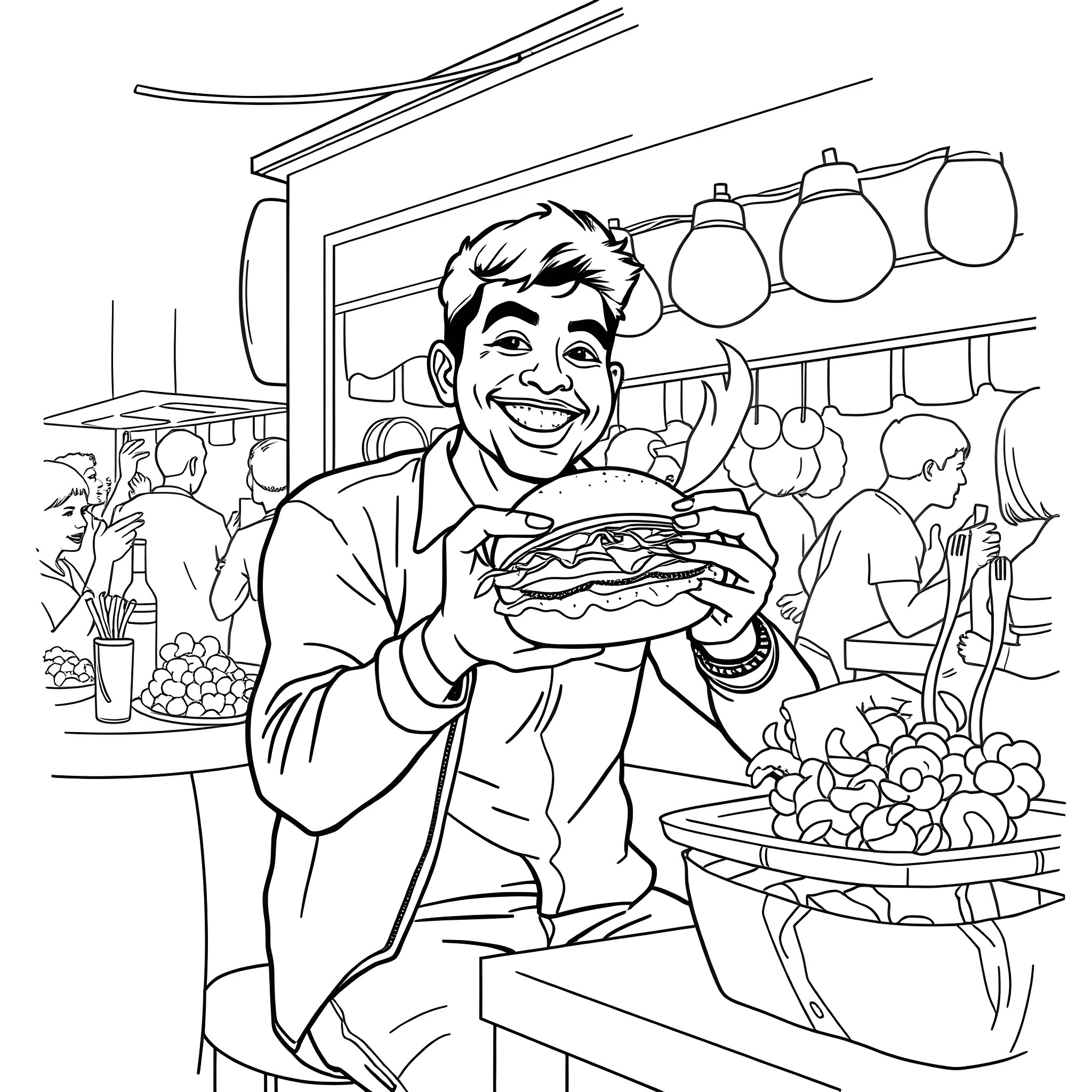 Bangladesh street vendor selling tasty food items Coloring Page (free black-and-white line drawing printable PDF for all, from beginners to advanced learners, including children, teens, adults, and seniors)